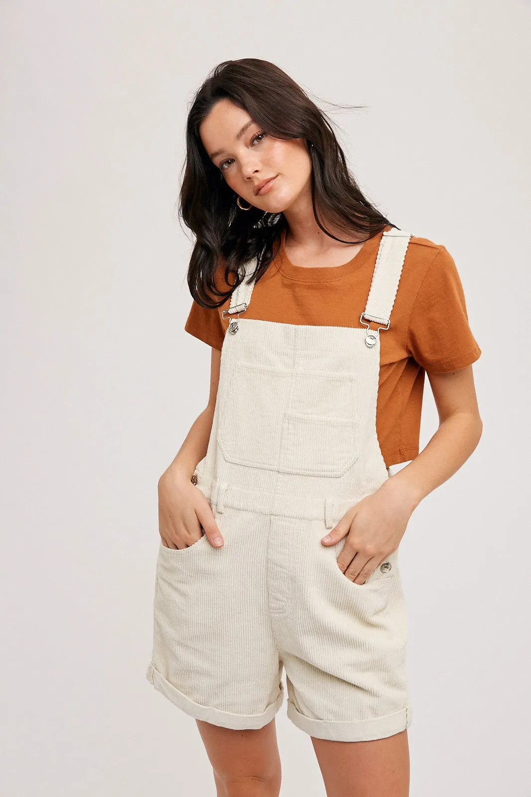 Cream Corduroy Short Overalls sold by Pinkblush