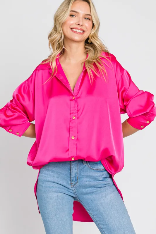 Fuchsia Satin Button Up Blouse sold by Pinkblush