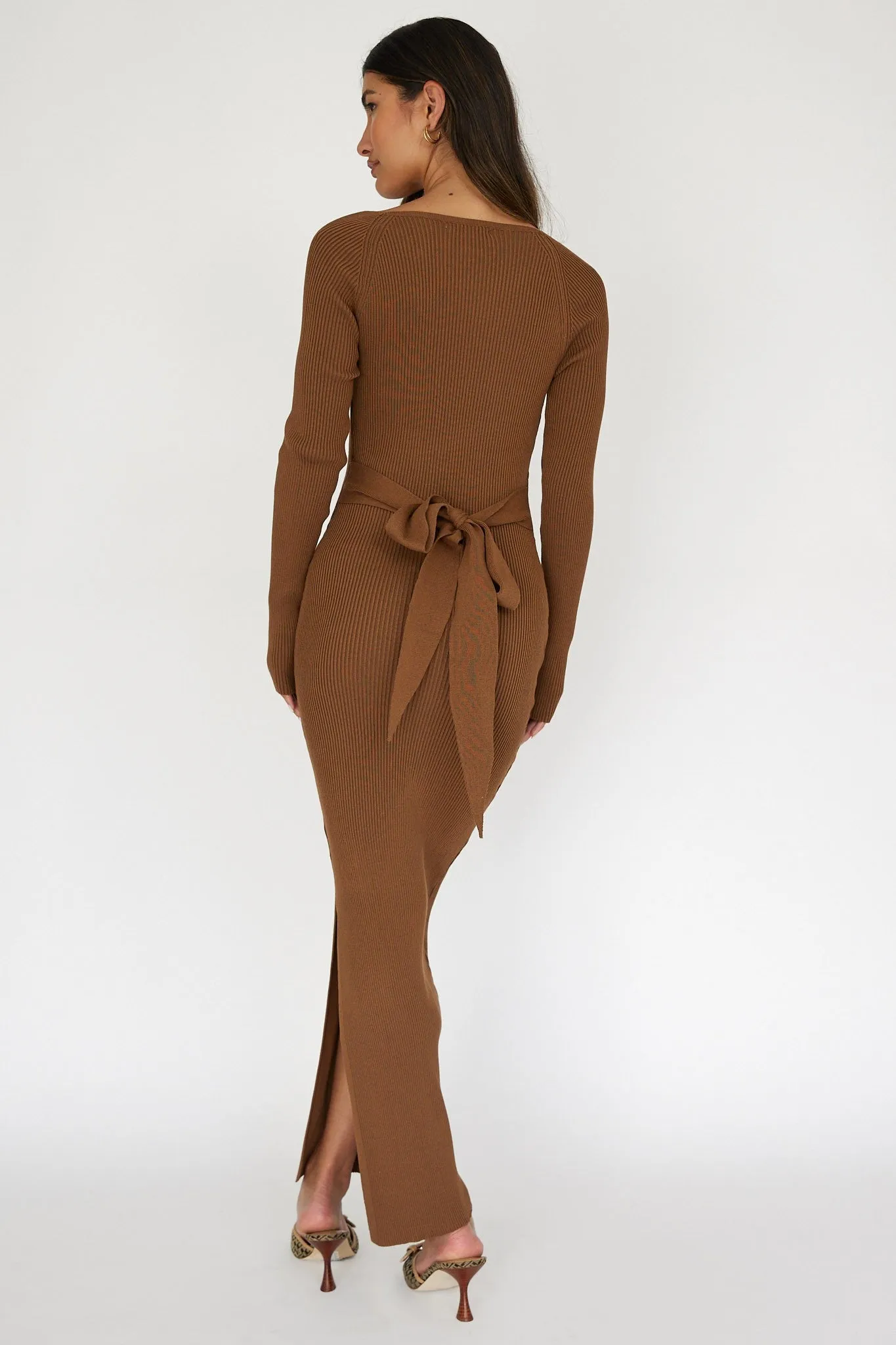 Brown Rib Knit Long Sleeve Maxi Dress sold by Pinkblush product image thumbnail 2