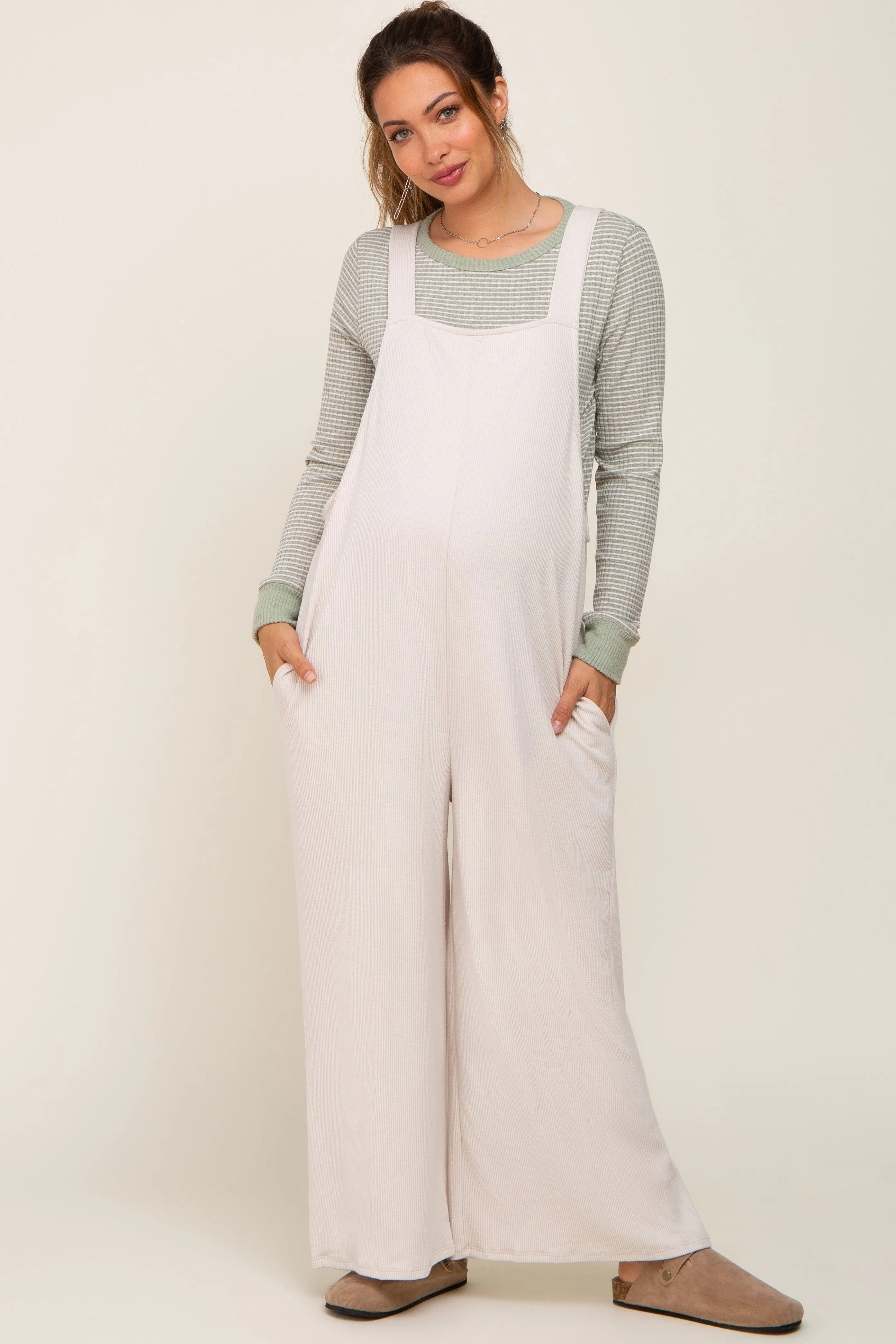 Beige Ribbed Maternity Wide Leg Jumpsuit sold by Pinkblush product image thumbnail 5