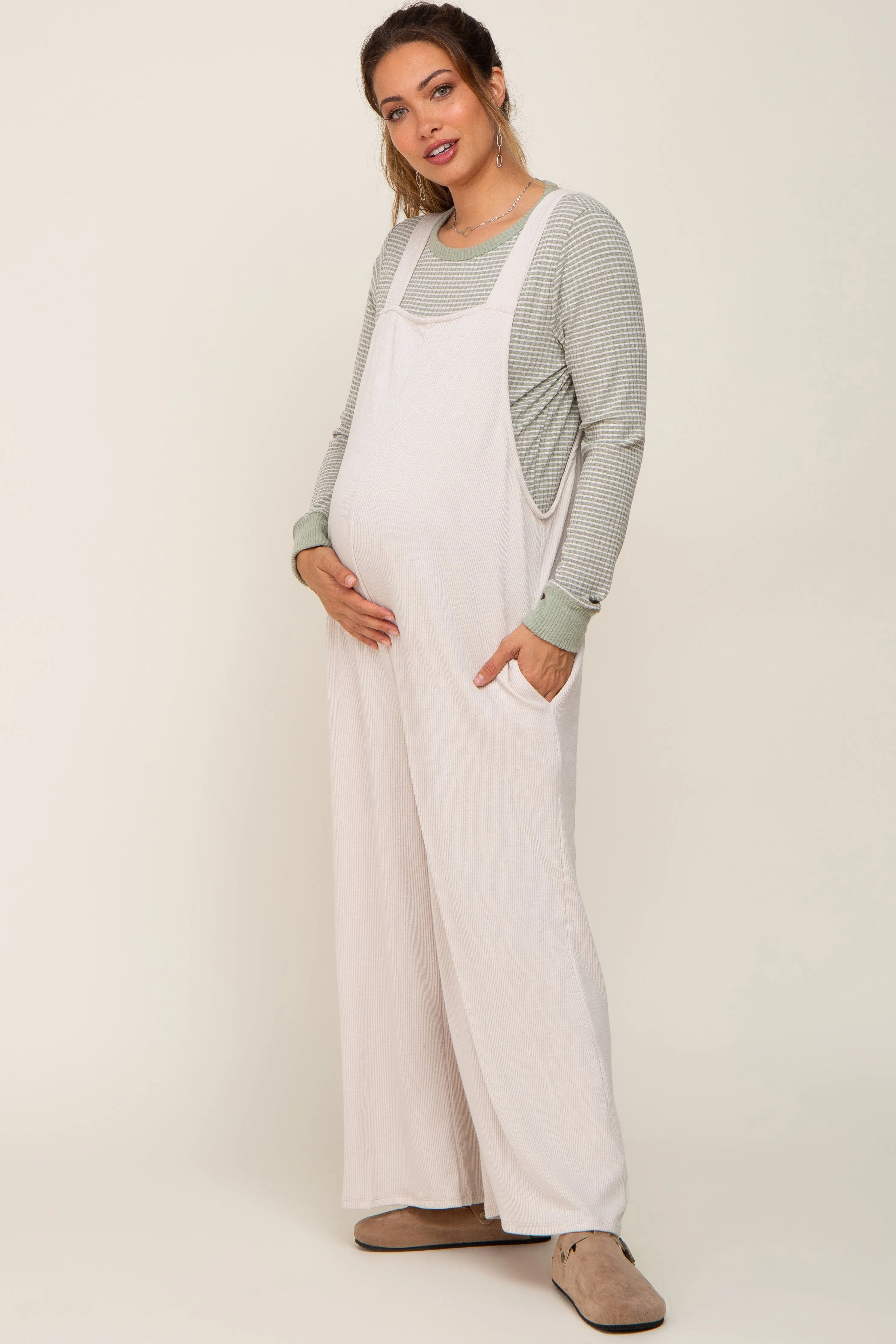 Beige Ribbed Maternity Wide Leg Jumpsuit sold by Pinkblush product image thumbnail 2