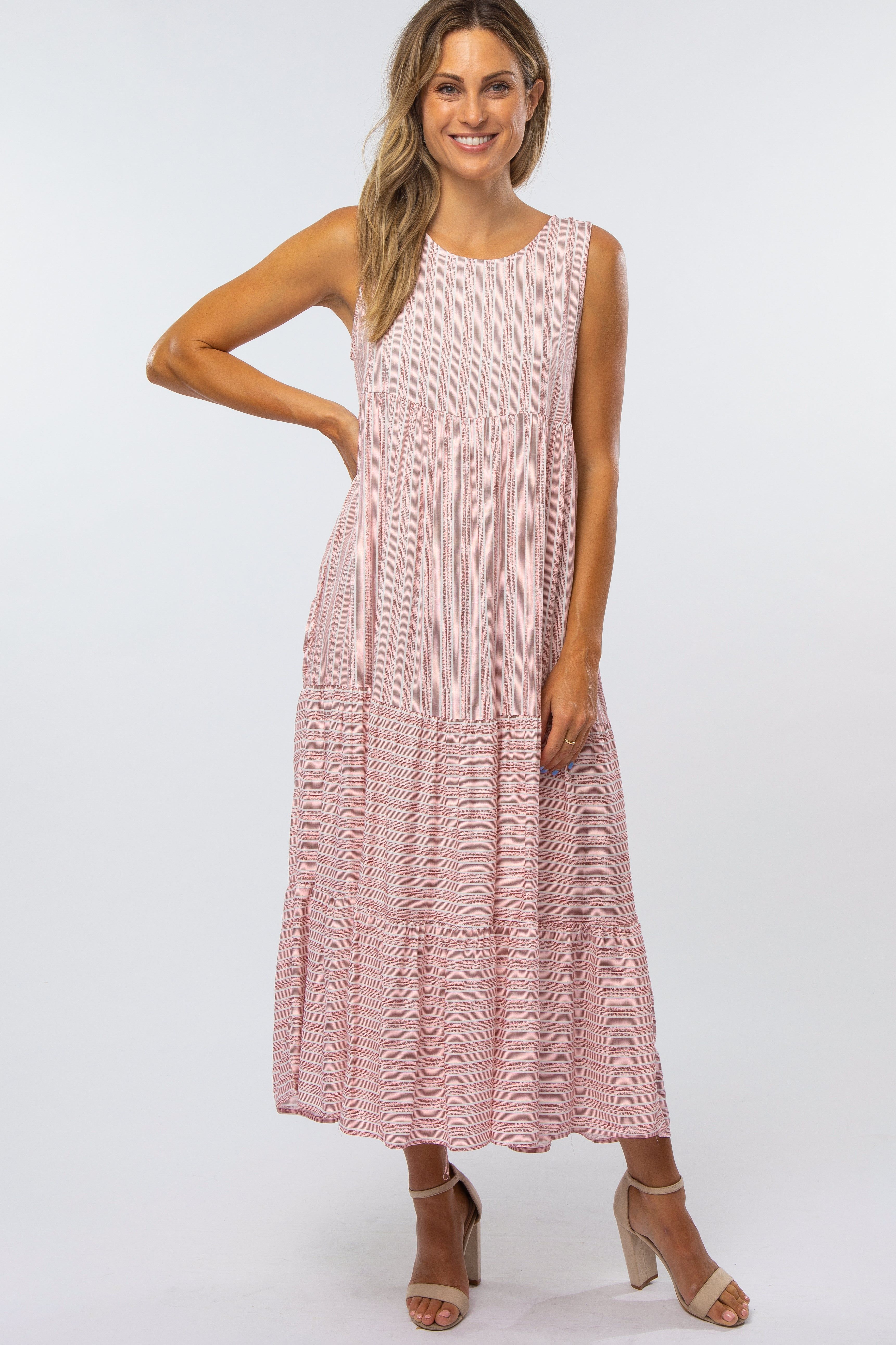 Mauve Striped Tiered Maternity Midi Dress sold by Pinkblush product image thumbnail 4