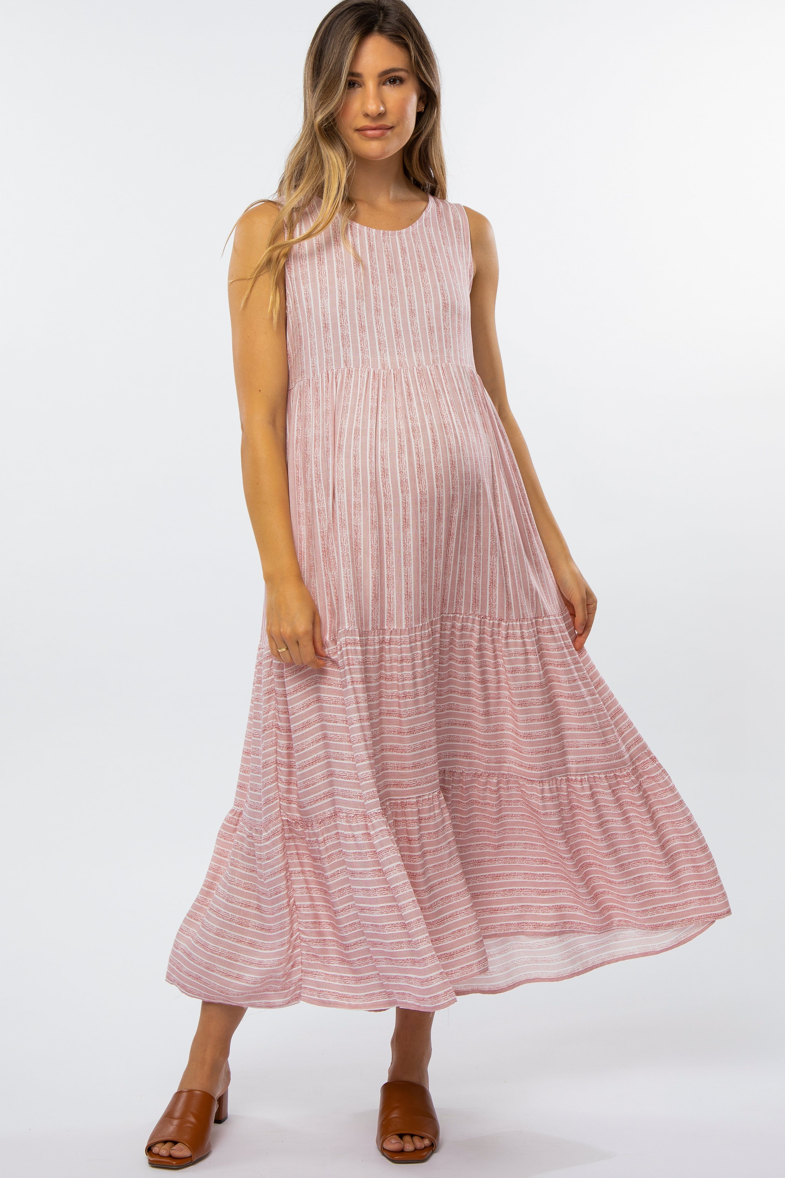 Mauve Striped Tiered Maternity Midi Dress sold by Pinkblush