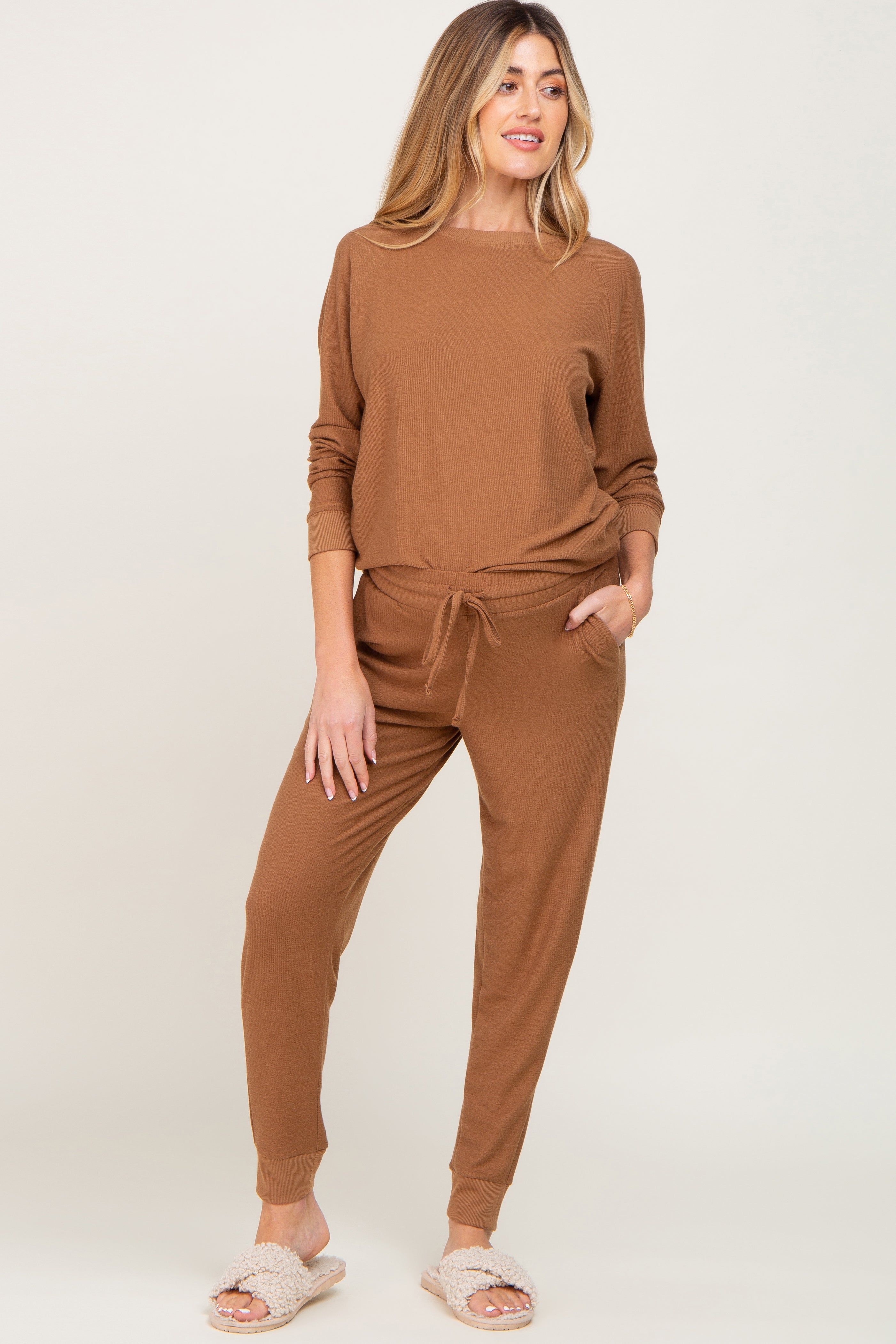 Camel Soft Knit Long Sleeve Maternity Set sold by Pinkblush