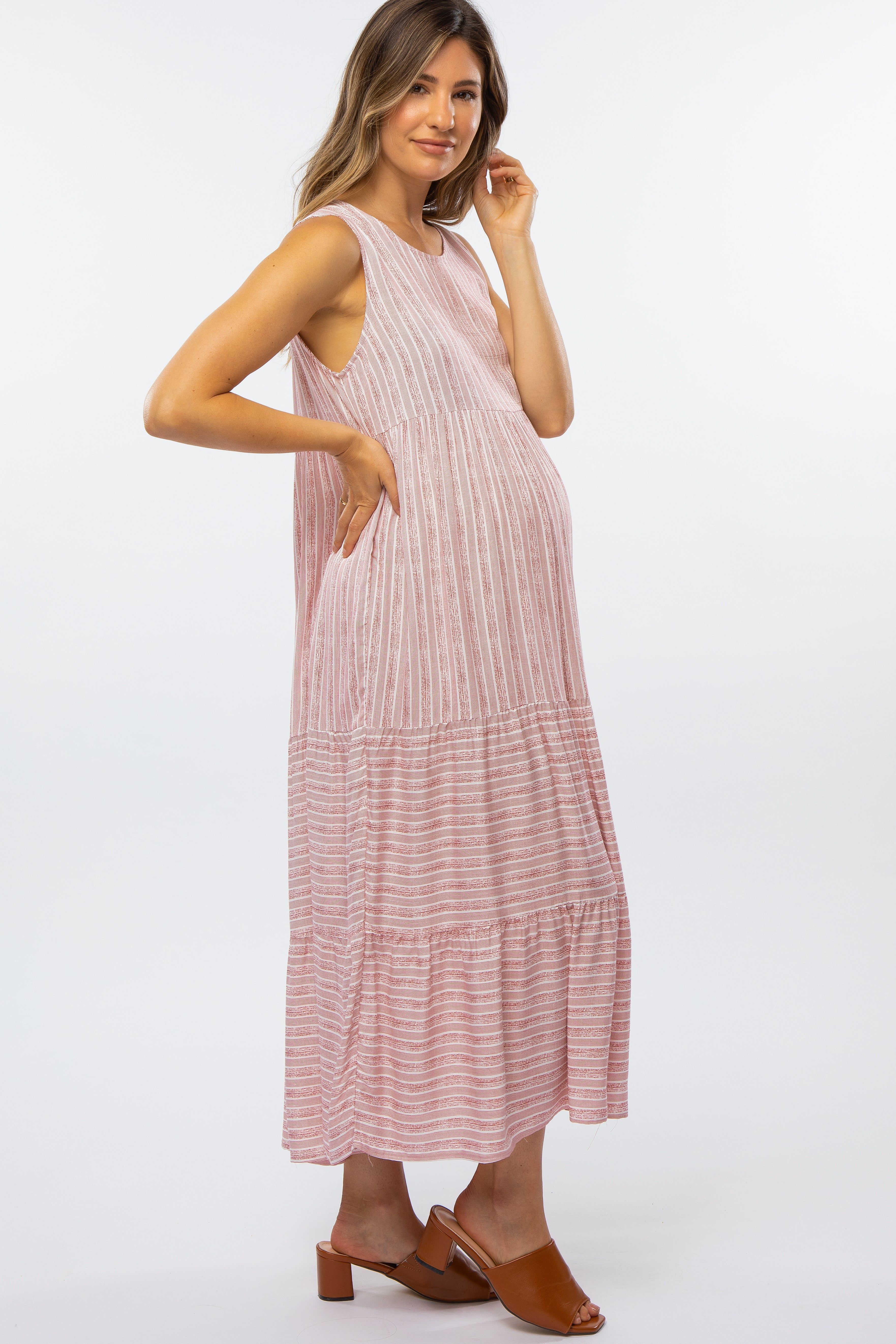 Mauve Striped Tiered Maternity Midi Dress sold by Pinkblush product image thumbnail 2