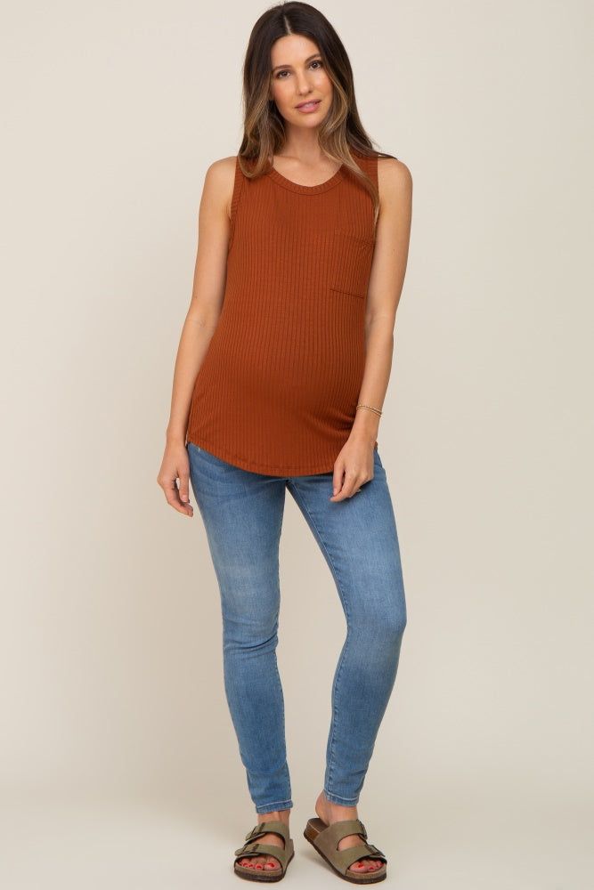 Rust Sleeveless Ribbed Pocket Maternity Top sold by Pinkblush product image thumbnail 4