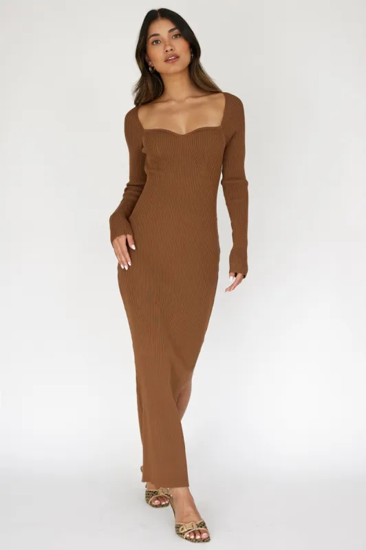 Brown Rib Knit Long Sleeve Maxi Dress sold by Pinkblush