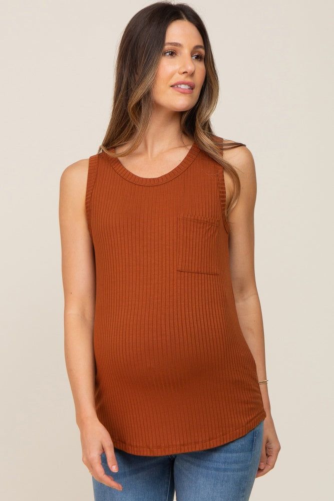 Rust Sleeveless Ribbed Pocket Maternity Top sold by Pinkblush