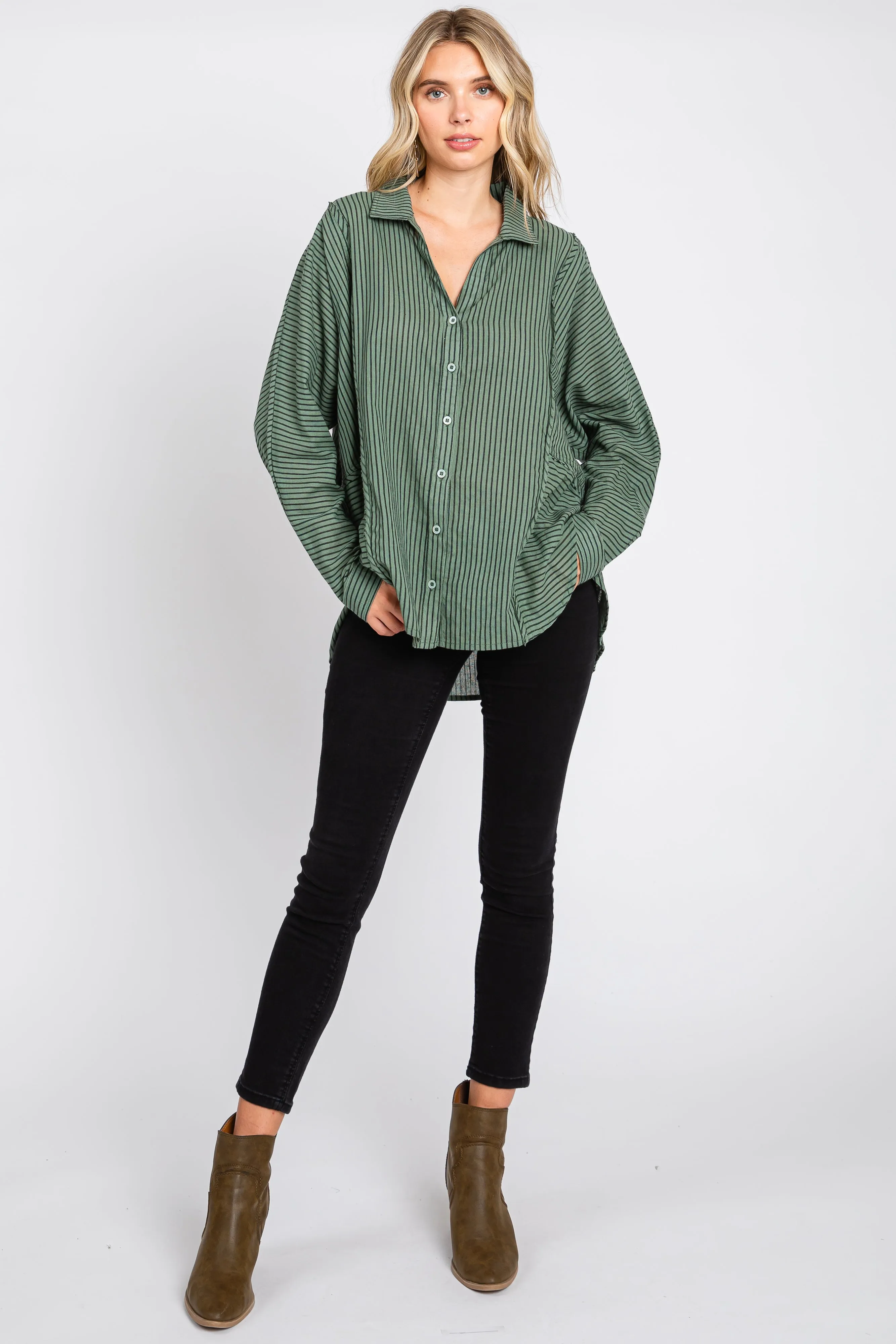 Olive Striped Button Front Collared Long Sleeve Top sold by Pinkblush product image thumbnail 4
