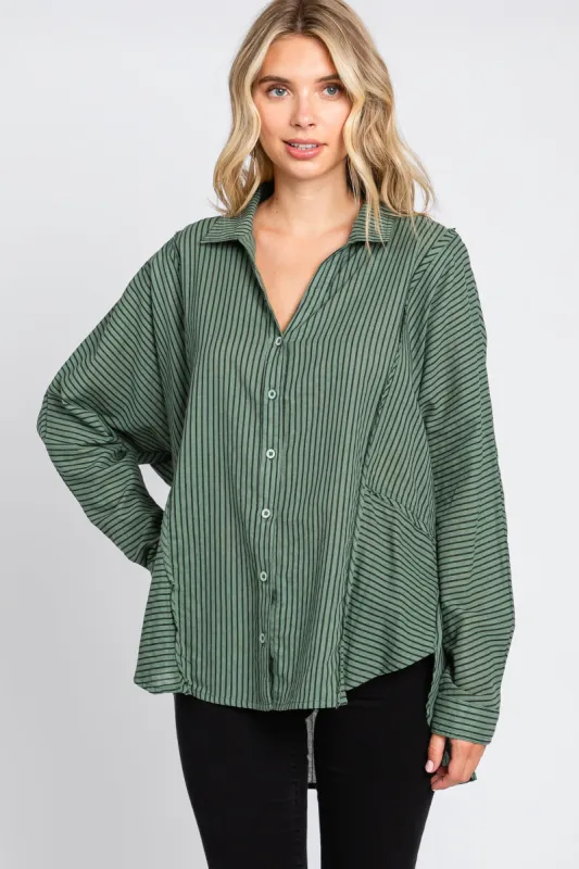 Olive Striped Button Front Collared Long Sleeve Top sold by Pinkblush