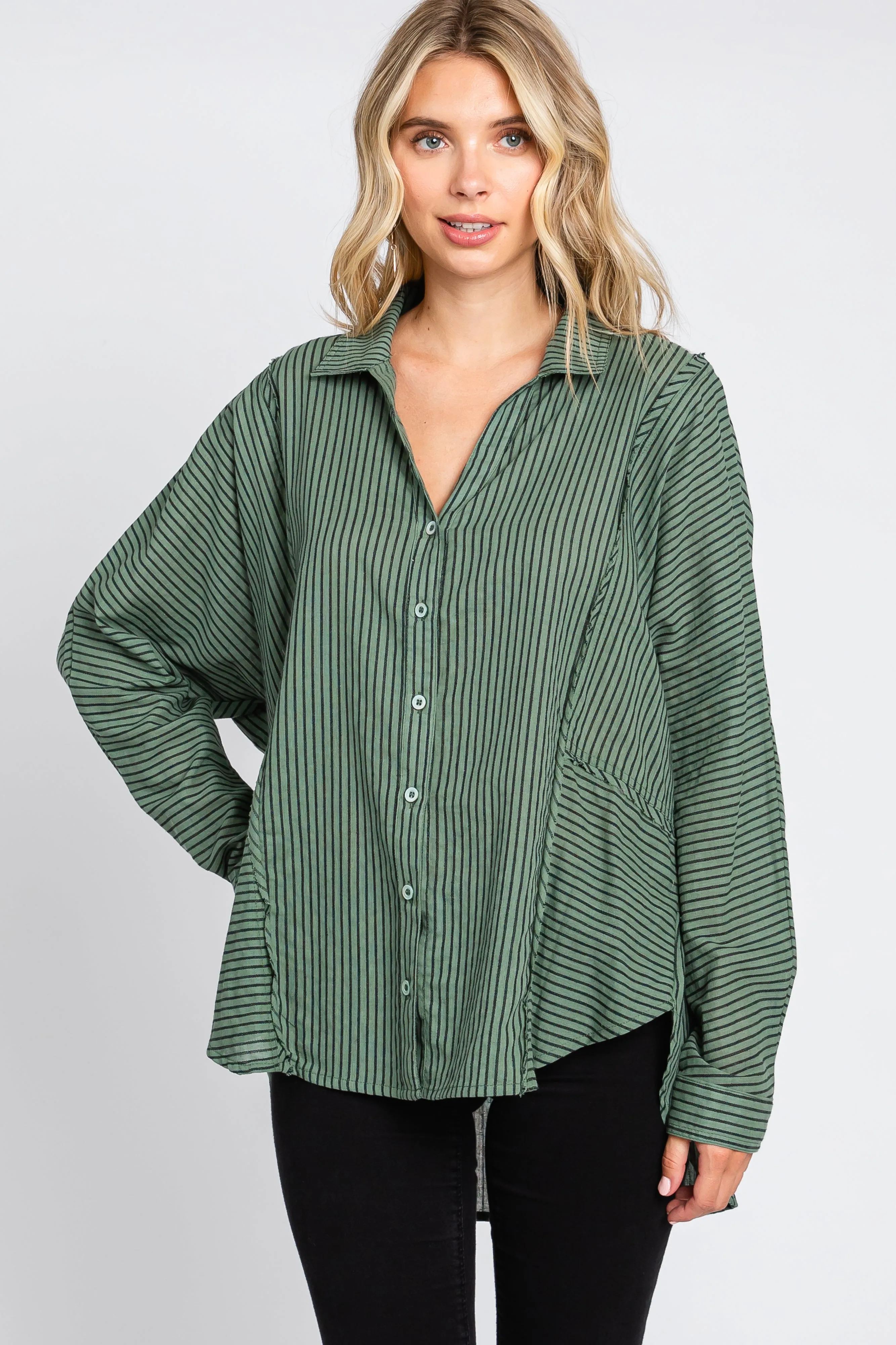Olive Striped Button Front Collared Long Sleeve Top sold by Pinkblush