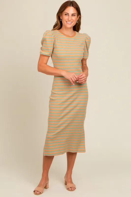 Beige Multi Striped Puff Sleeve Midi Dress sold by Pinkblush