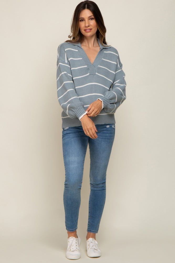Light Blue Striped V-Neck Collared Maternity Sweater sold by Pinkblush product image thumbnail 5