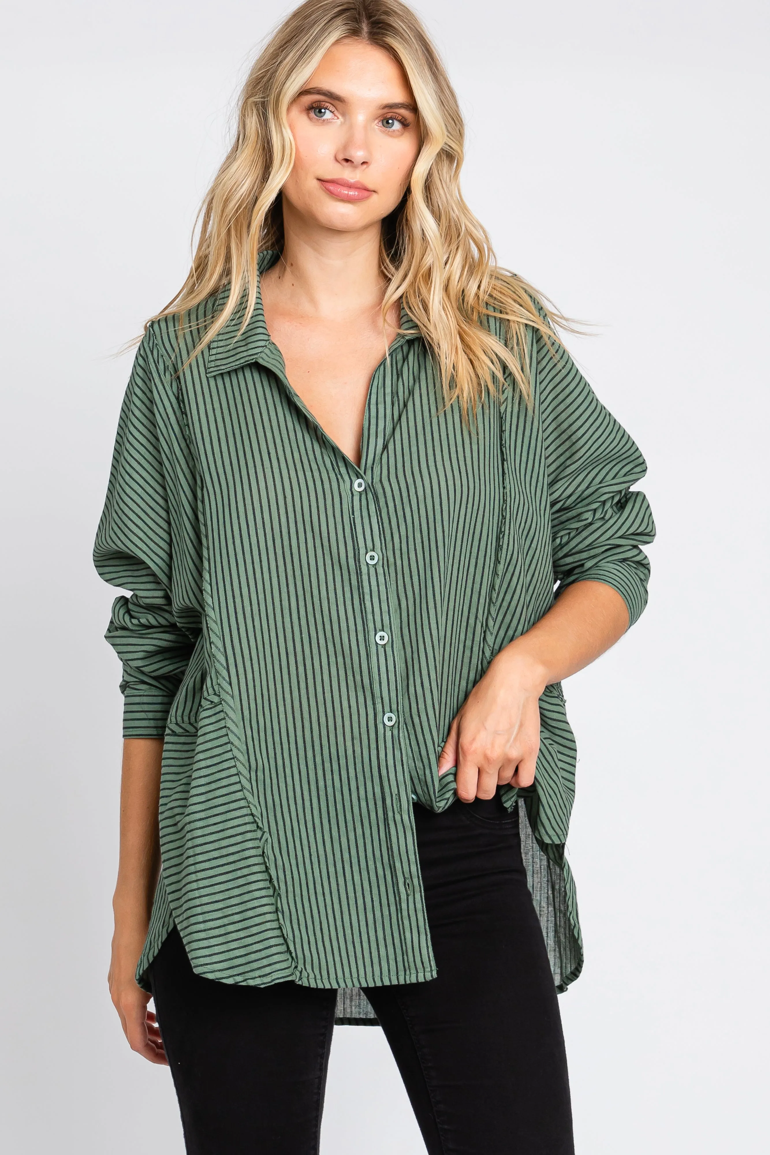 Olive Striped Button Front Collared Long Sleeve Top sold by Pinkblush product image thumbnail 5