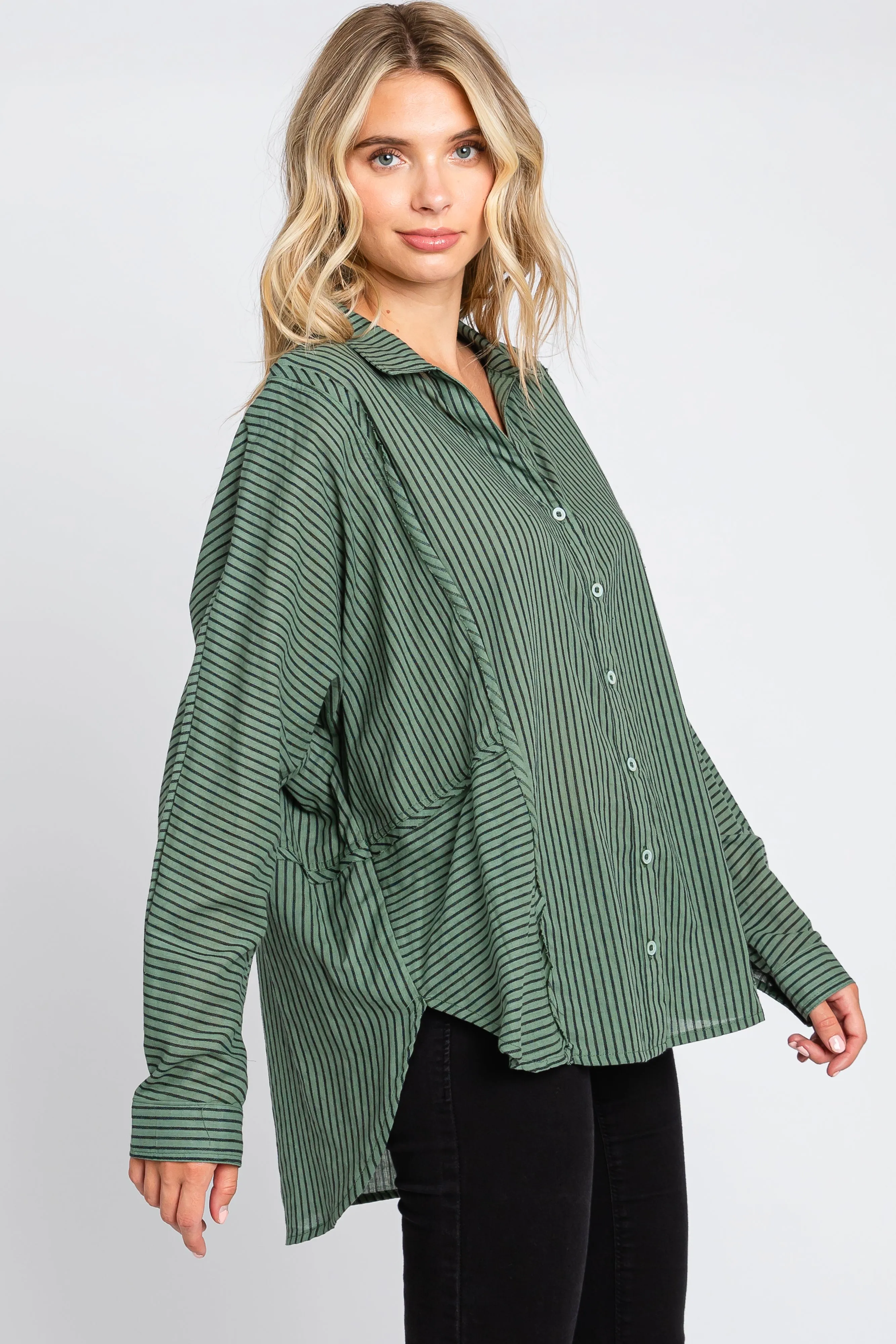 Olive Striped Button Front Collared Long Sleeve Top sold by Pinkblush product image thumbnail 2