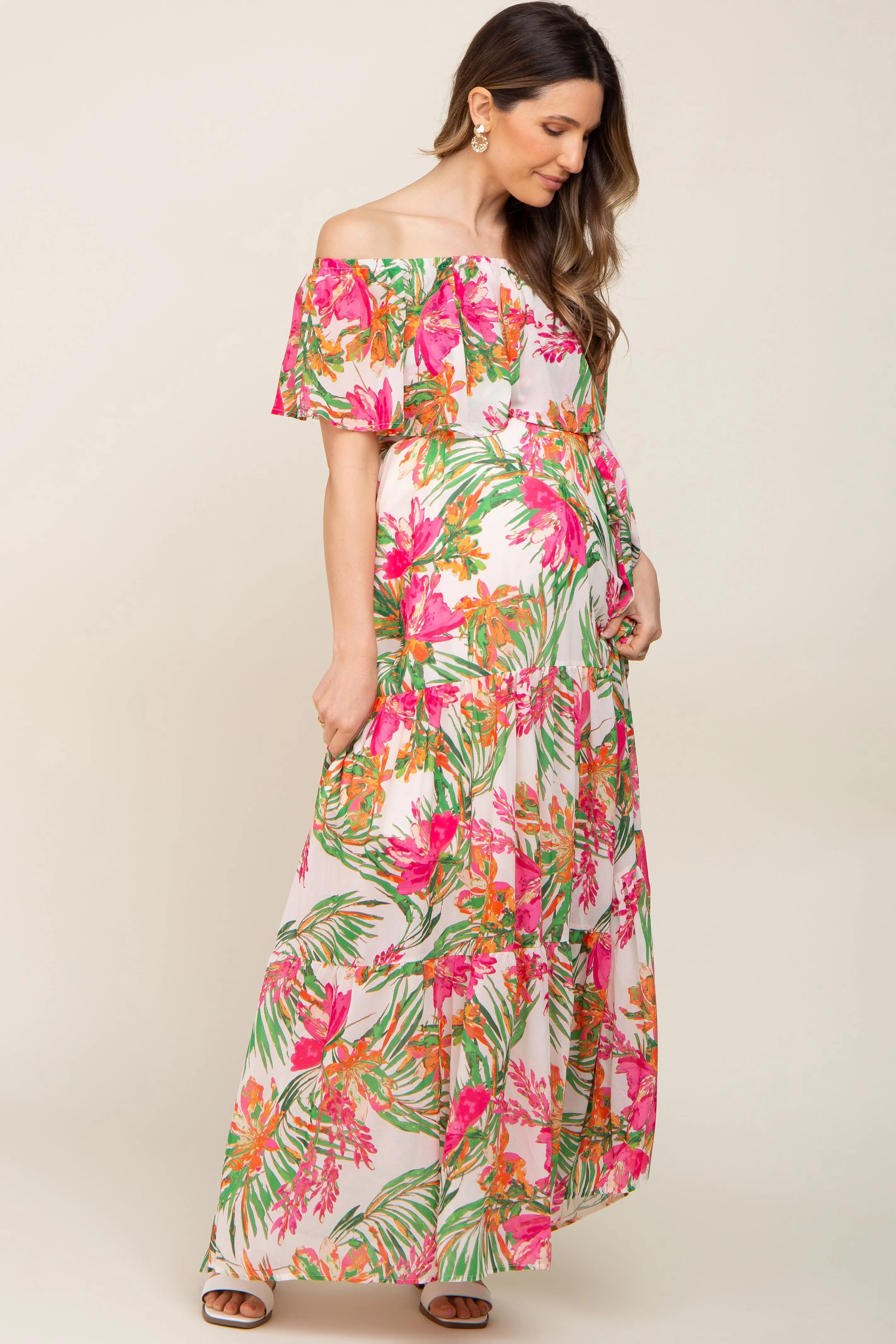 Ivory Tropical Print Off Shoulder Maternity Maxi Dress sold by Pinkblush product image thumbnail 4