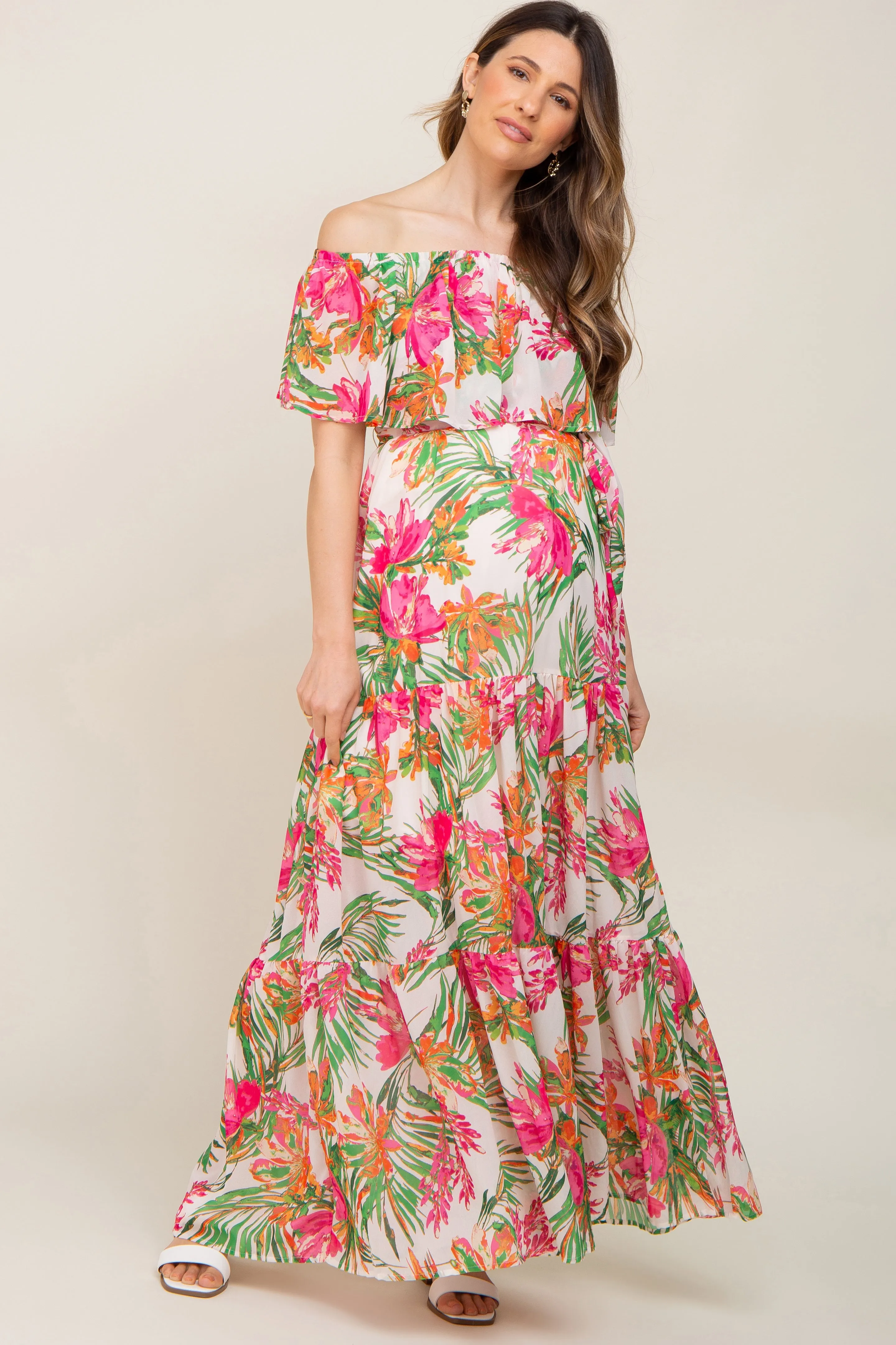 Ivory Tropical Print Off Shoulder Maternity Maxi Dress sold by Pinkblush