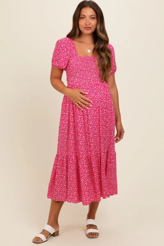Coral Floral Smocked Ruffle Hem Maternity Midi Dress sold by Pinkblush