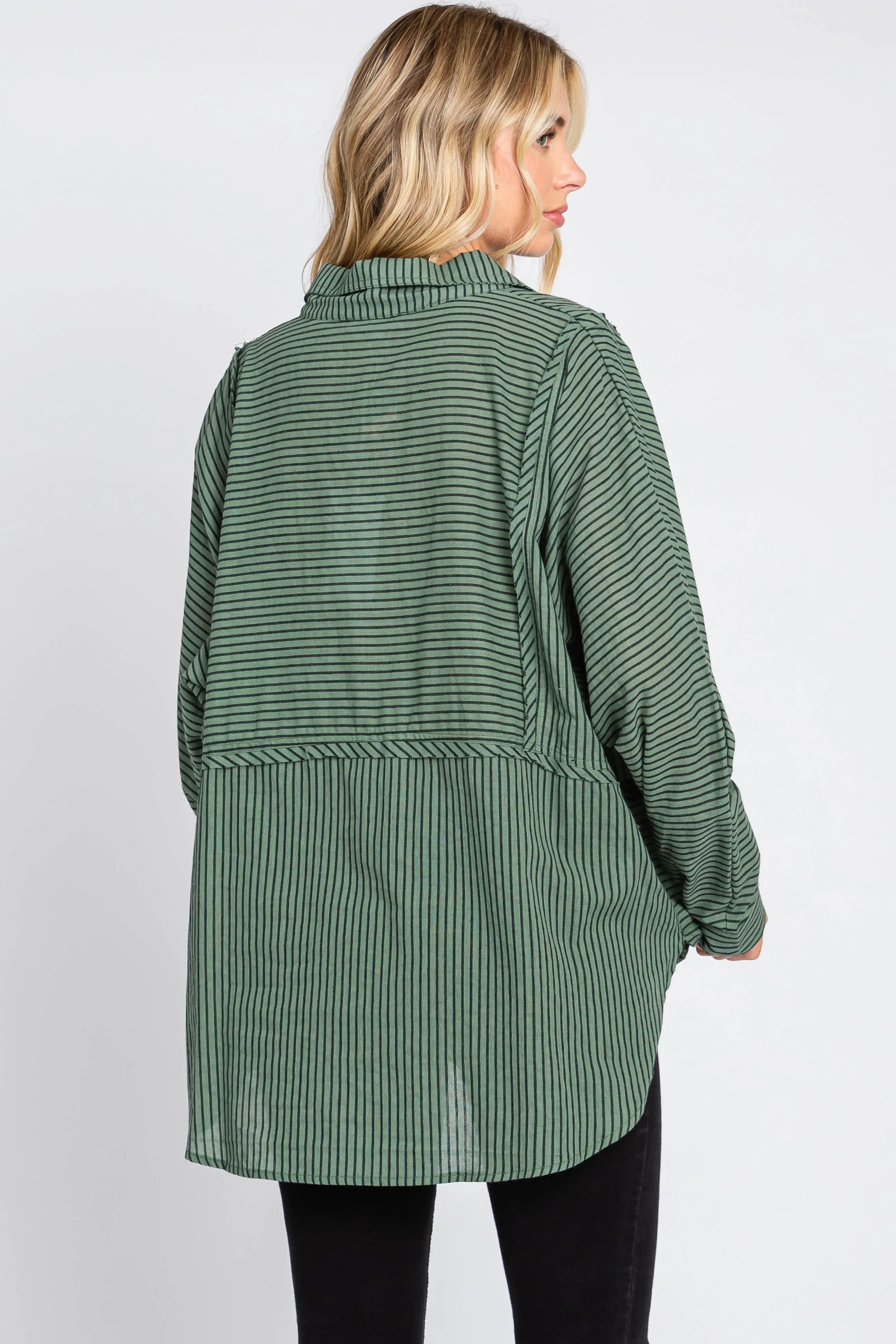 Olive Striped Button Front Collared Long Sleeve Top sold by Pinkblush product image thumbnail 3