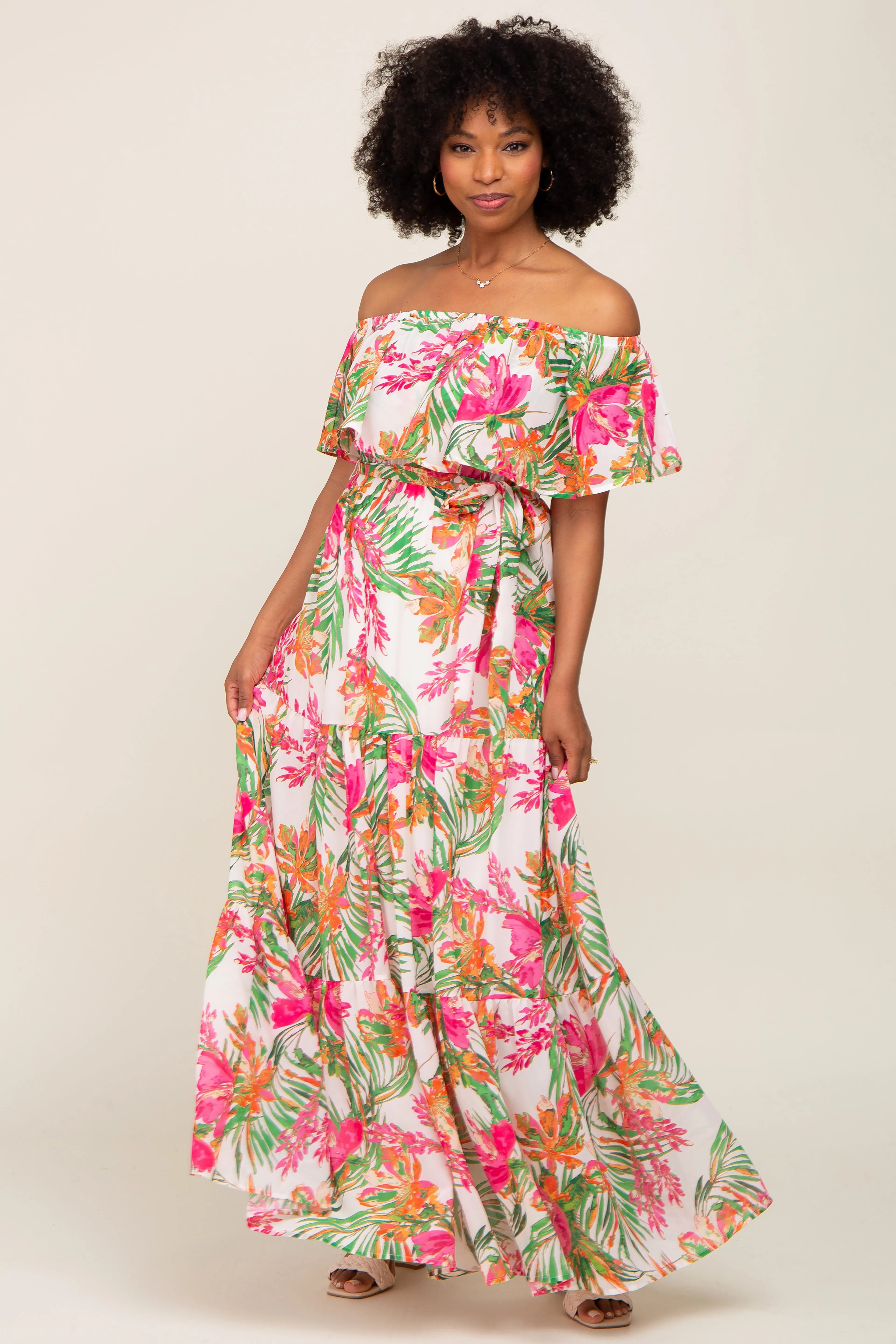 Ivory Tropical Print Off Shoulder Maternity Maxi Dress sold by Pinkblush product image thumbnail 5