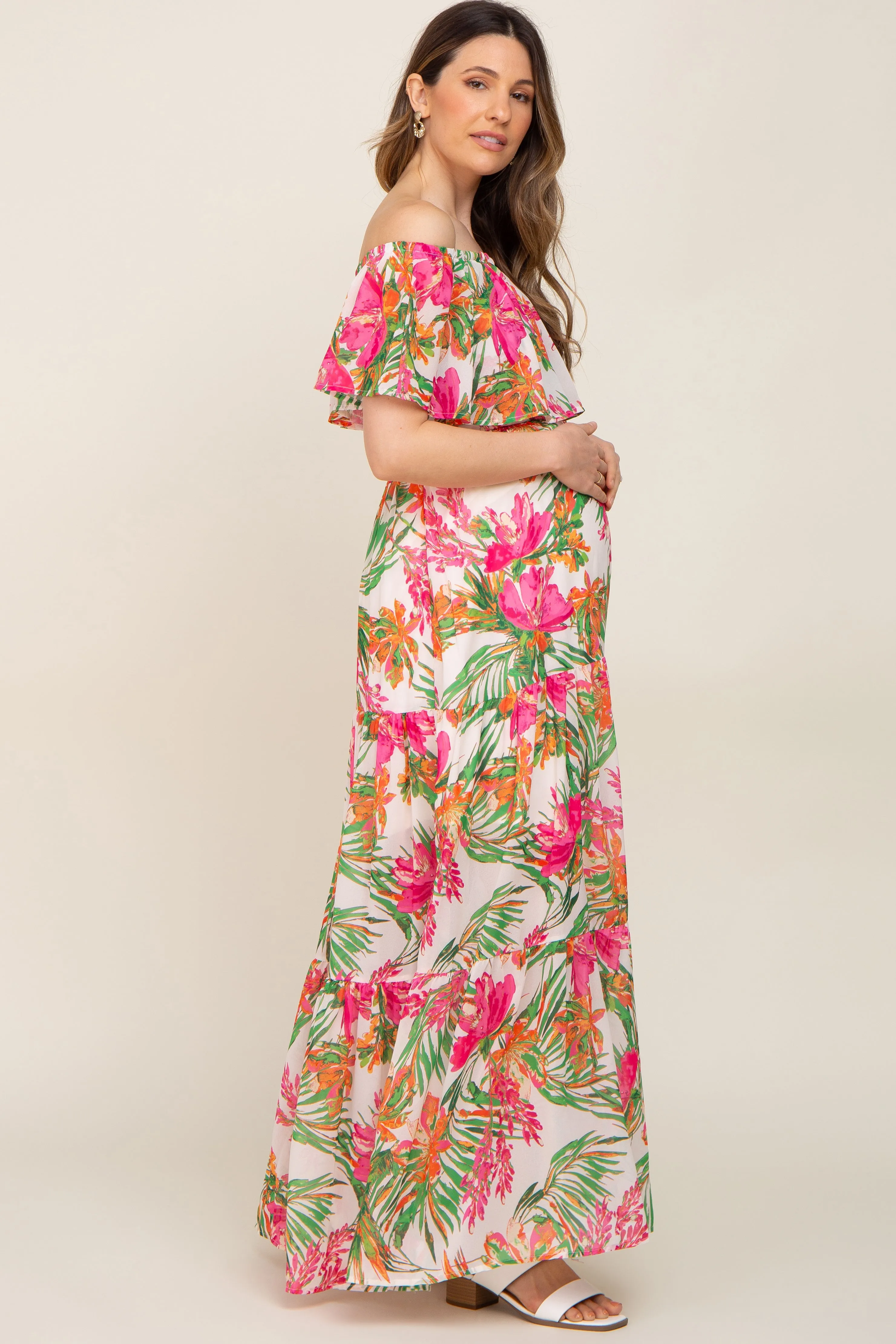 Ivory Tropical Print Off Shoulder Maternity Maxi Dress sold by Pinkblush product image thumbnail 2