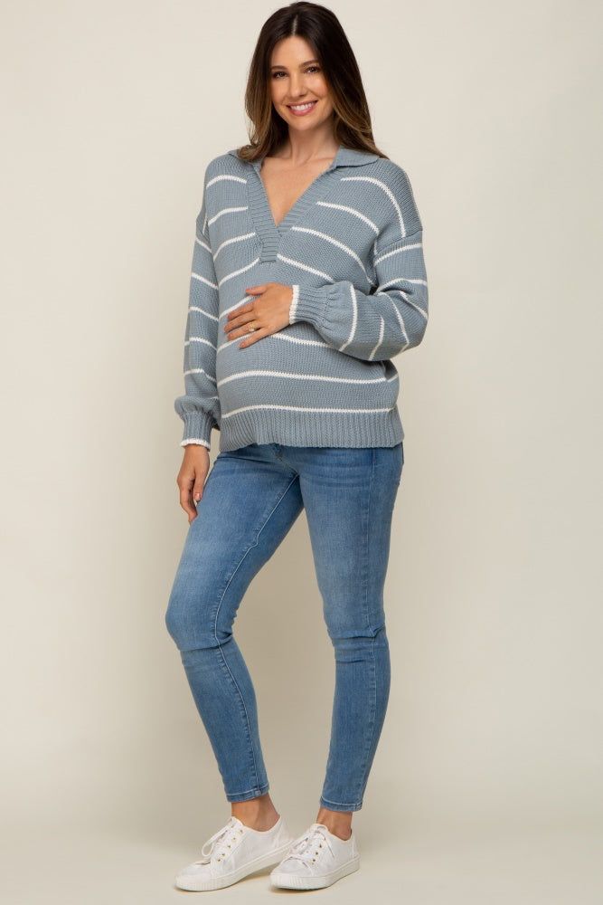 Light Blue Striped V-Neck Collared Maternity Sweater sold by Pinkblush product image thumbnail 4