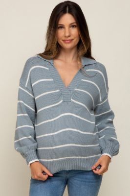 Light Blue Striped V-Neck Collared Maternity Sweater sold by Pinkblush