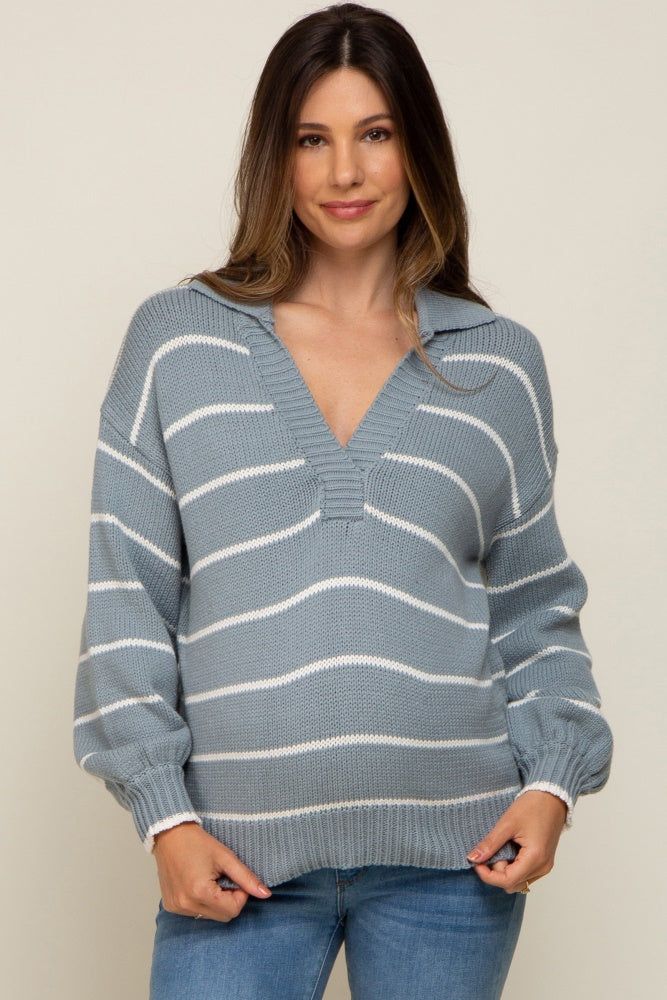 Light Blue Striped V-Neck Collared Maternity Sweater sold by Pinkblush