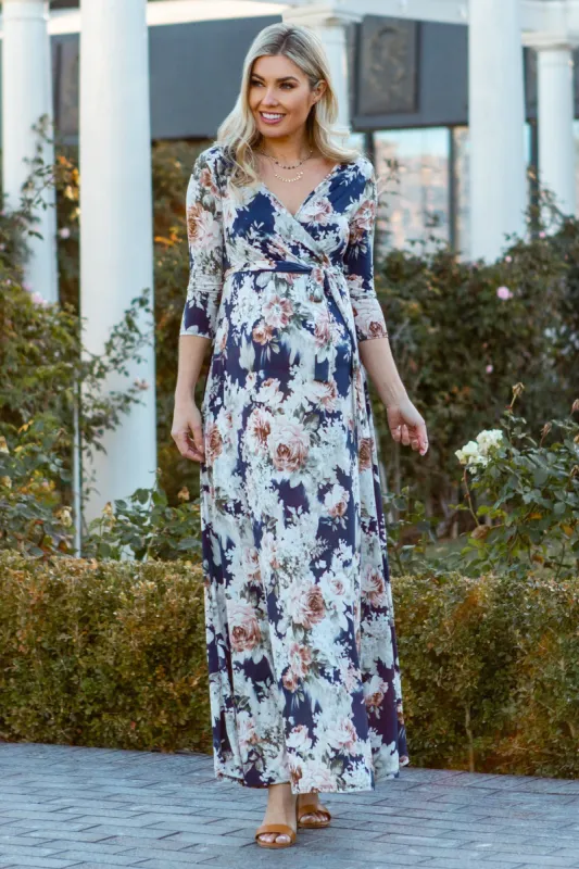 PinkBlush Blue Floral Sash Tie Maternity/Nursing Maxi Dress sold by Pinkblush