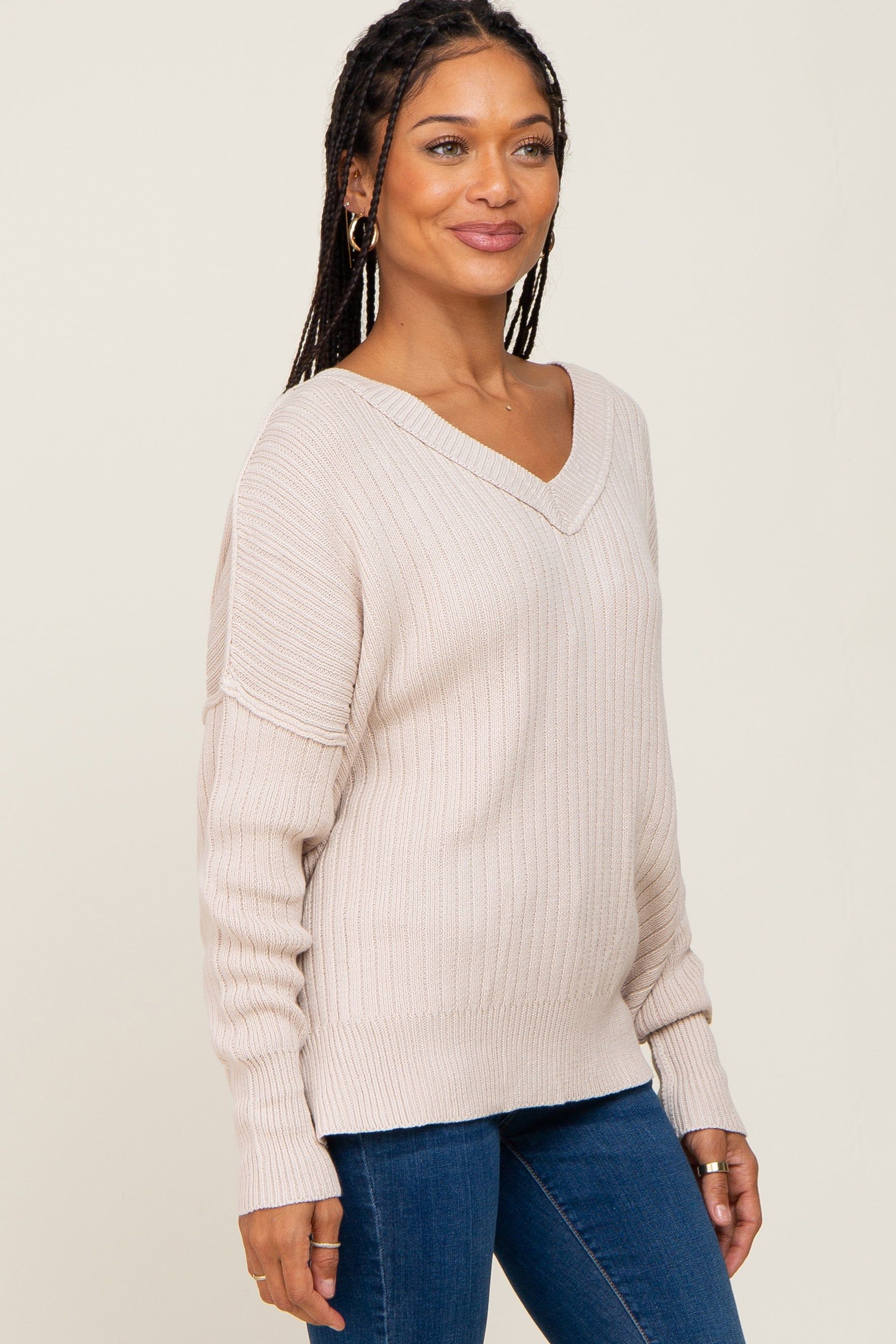 Beige V-Neck Oversized Sweater sold by Pinkblush product image thumbnail 2