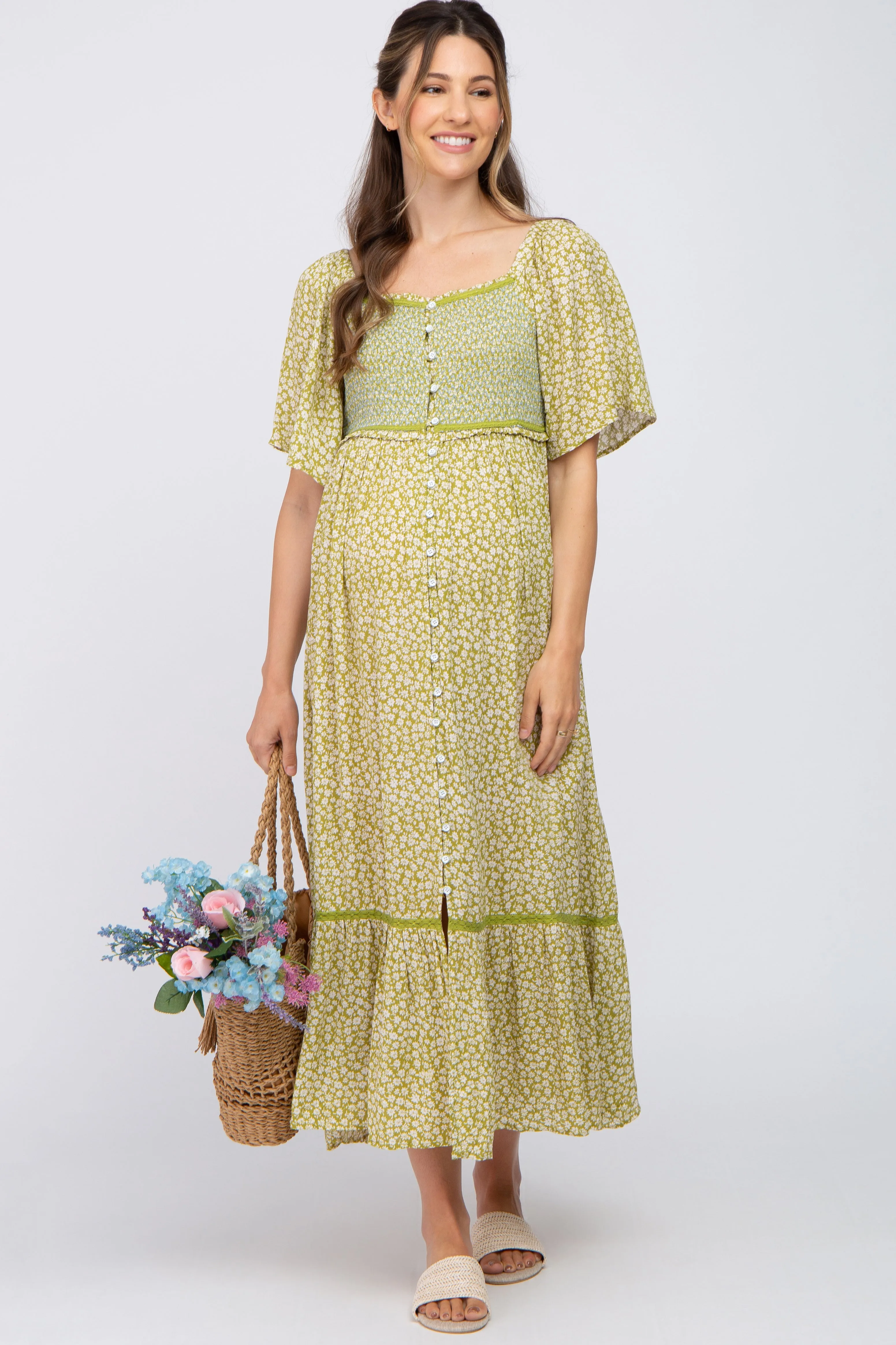 Light Olive Floral Square Neck Smocked Button Front Maternity Midi Dress sold by Pinkblush product image thumbnail 5