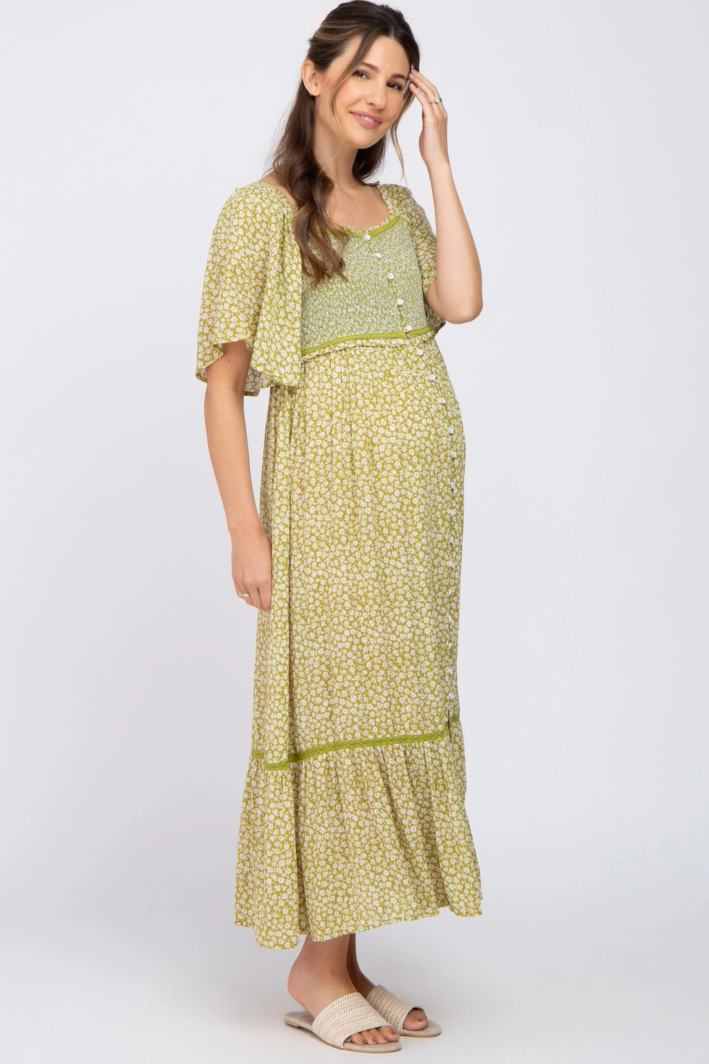 Light Olive Floral Square Neck Smocked Button Front Maternity Midi Dress sold by Pinkblush product image thumbnail 2