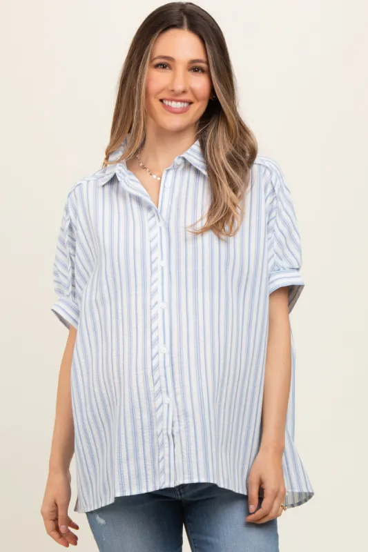 Blue Striped Button Up Collared Short Sleeve Maternity Top sold by Pinkblush