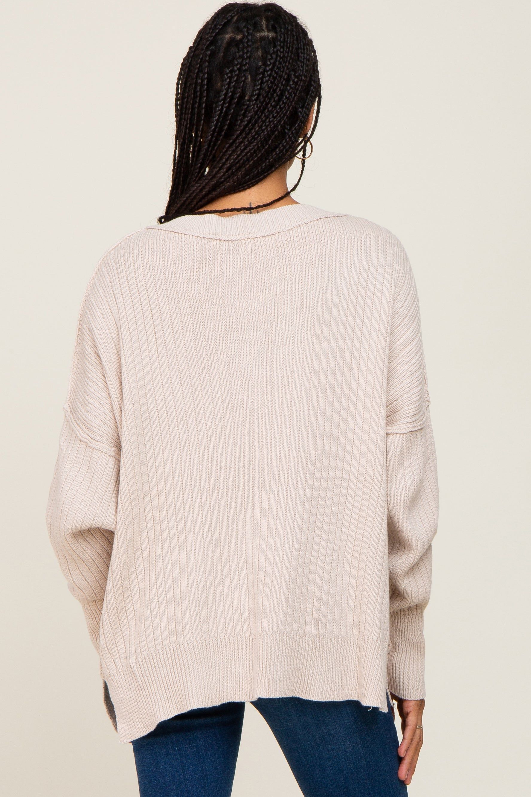 Beige V-Neck Oversized Sweater sold by Pinkblush product image thumbnail 3