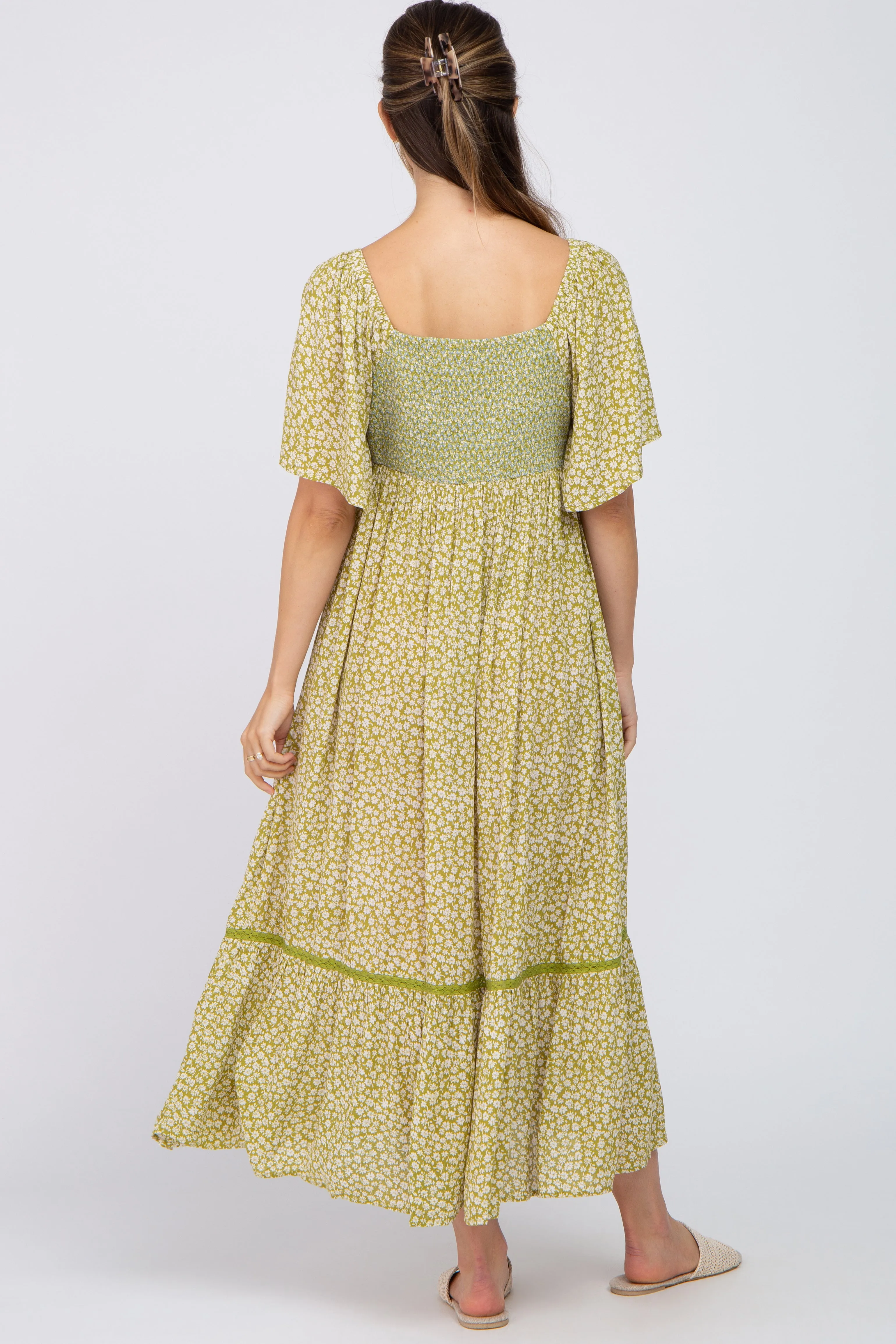 Light Olive Floral Square Neck Smocked Button Front Maternity Midi Dress sold by Pinkblush product image thumbnail 3