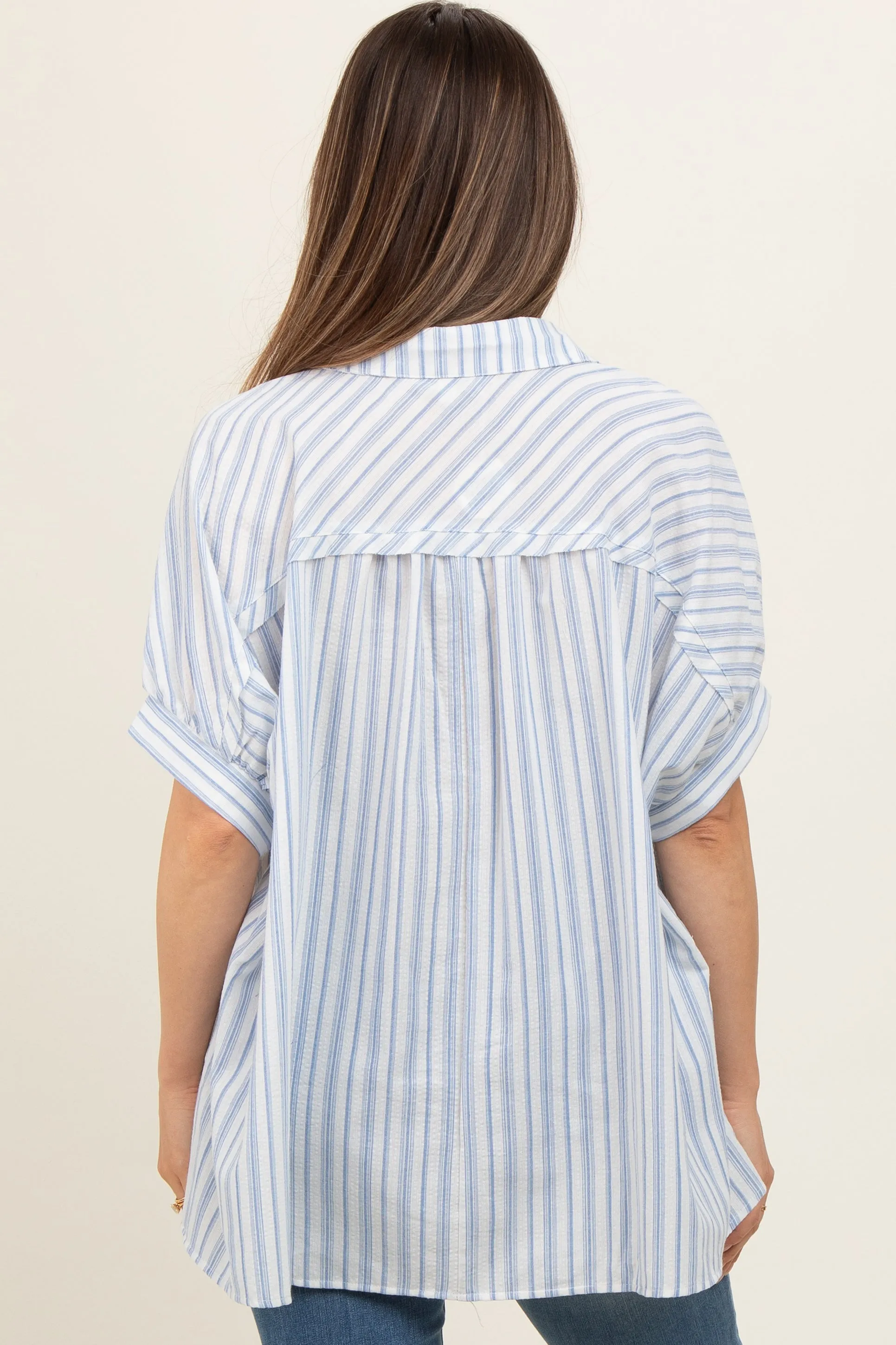 Blue Striped Button Up Collared Short Sleeve Maternity Top sold by Pinkblush product image thumbnail 2