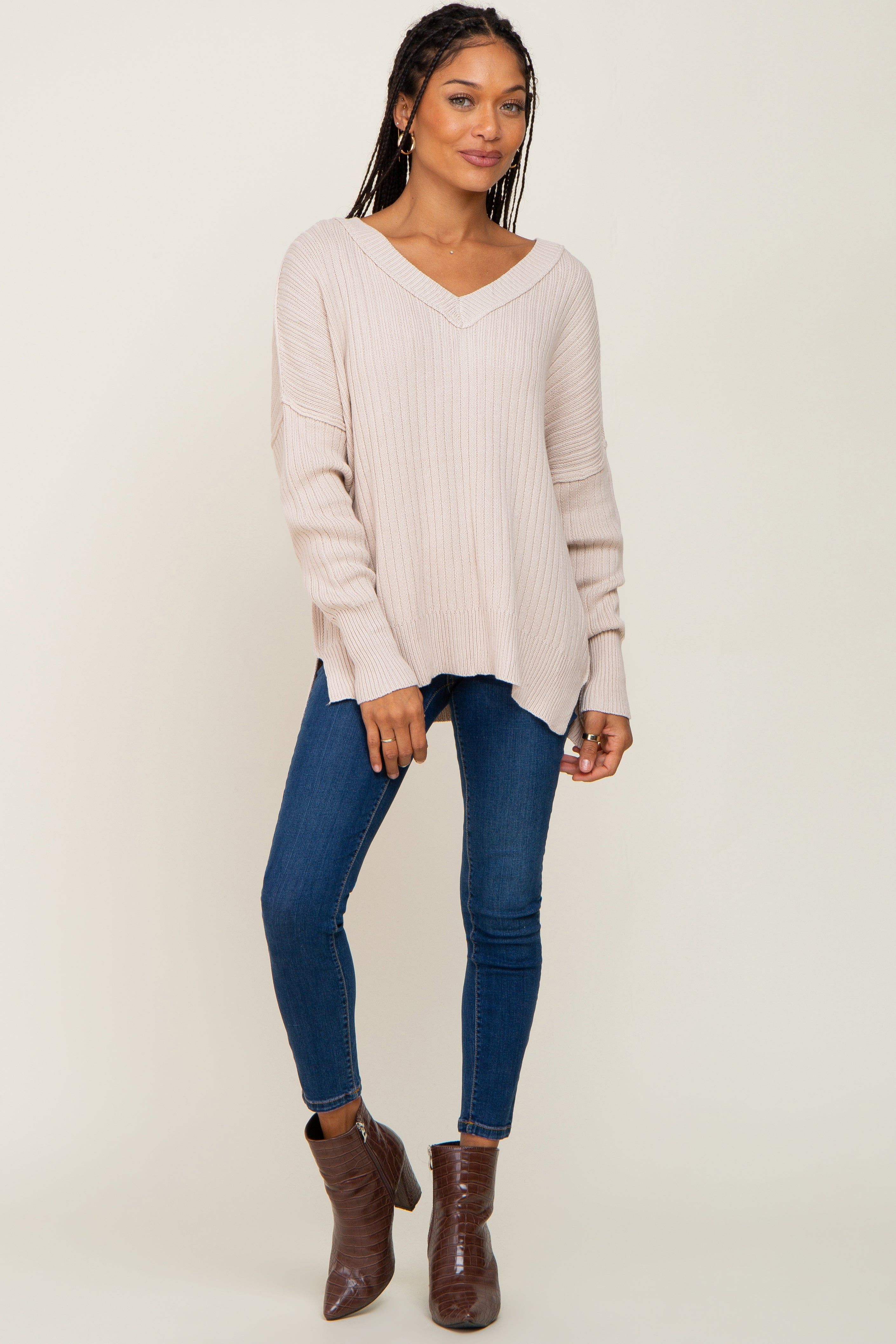 Beige V-Neck Oversized Sweater sold by Pinkblush product image thumbnail 4