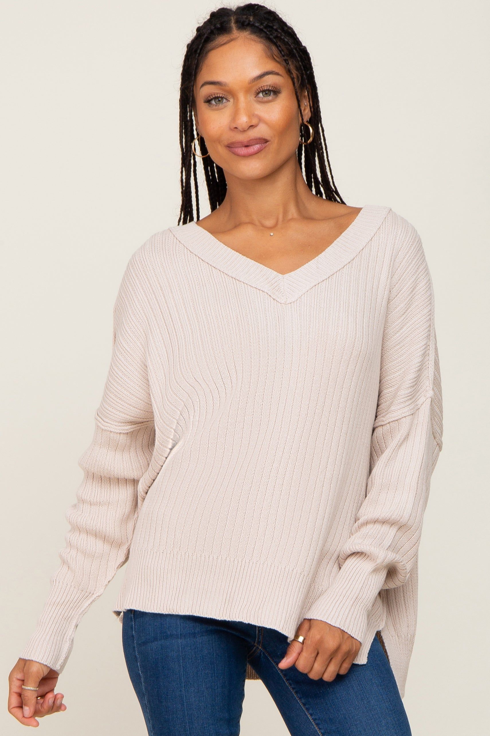 Beige V-Neck Oversized Sweater sold by Pinkblush