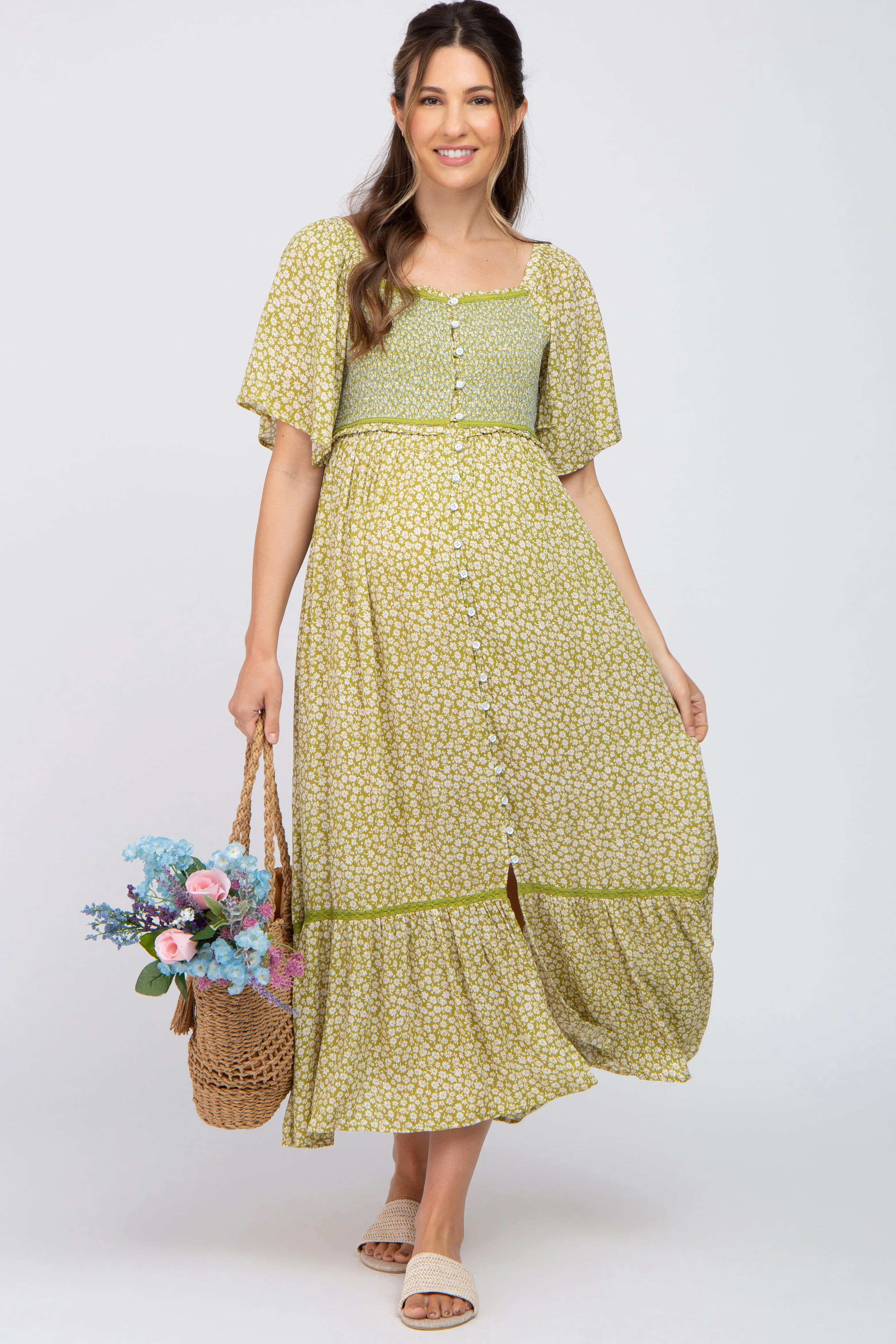 Light Olive Floral Square Neck Smocked Button Front Maternity Midi Dress sold by Pinkblush product image thumbnail 4