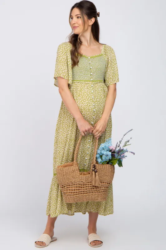 Light Olive Floral Square Neck Smocked Button Front Maternity Midi Dress sold by Pinkblush