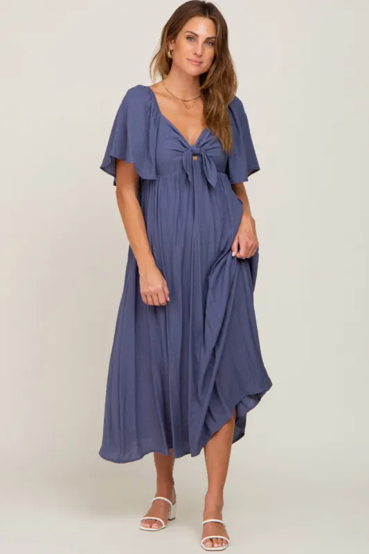 Navy Front Tie Ruffle Sleeve Midi Dress sold by Pinkblush
