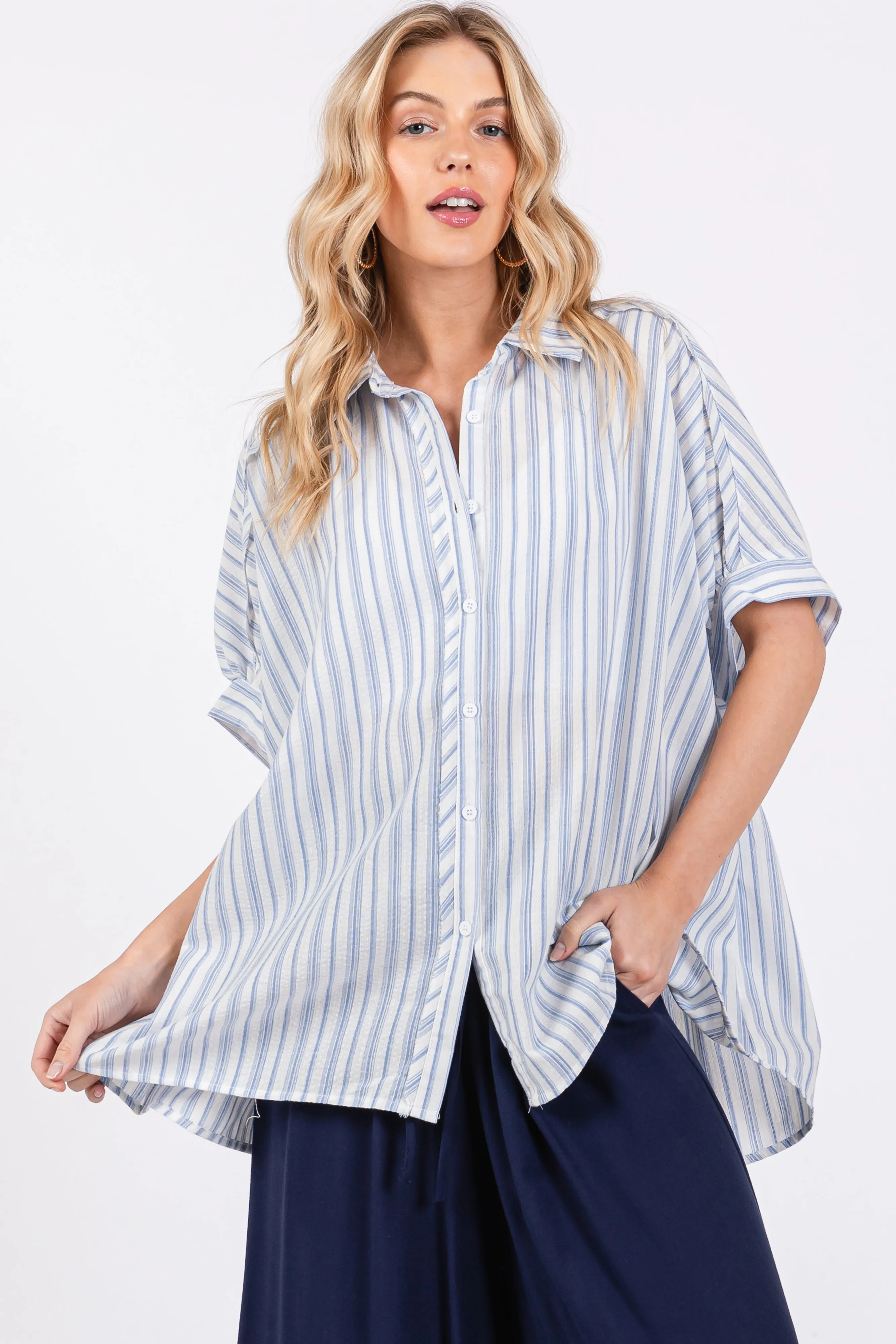 Blue Striped Button Up Collared Short Sleeve Maternity Top sold by Pinkblush product image thumbnail 3