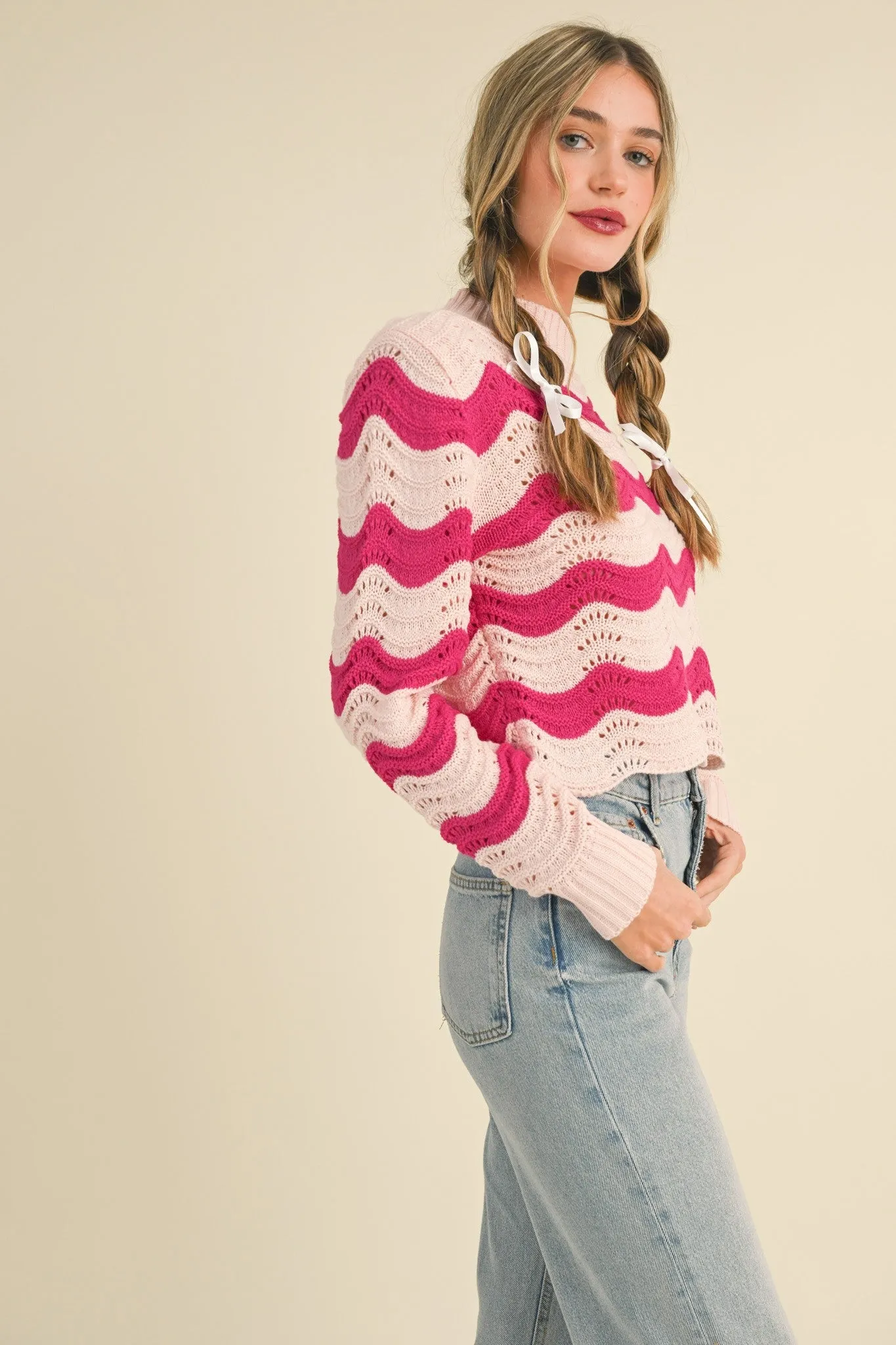 Blush Hot Pink Wave Pattern Pointelle Sweater sold by Pinkblush product image thumbnail 4