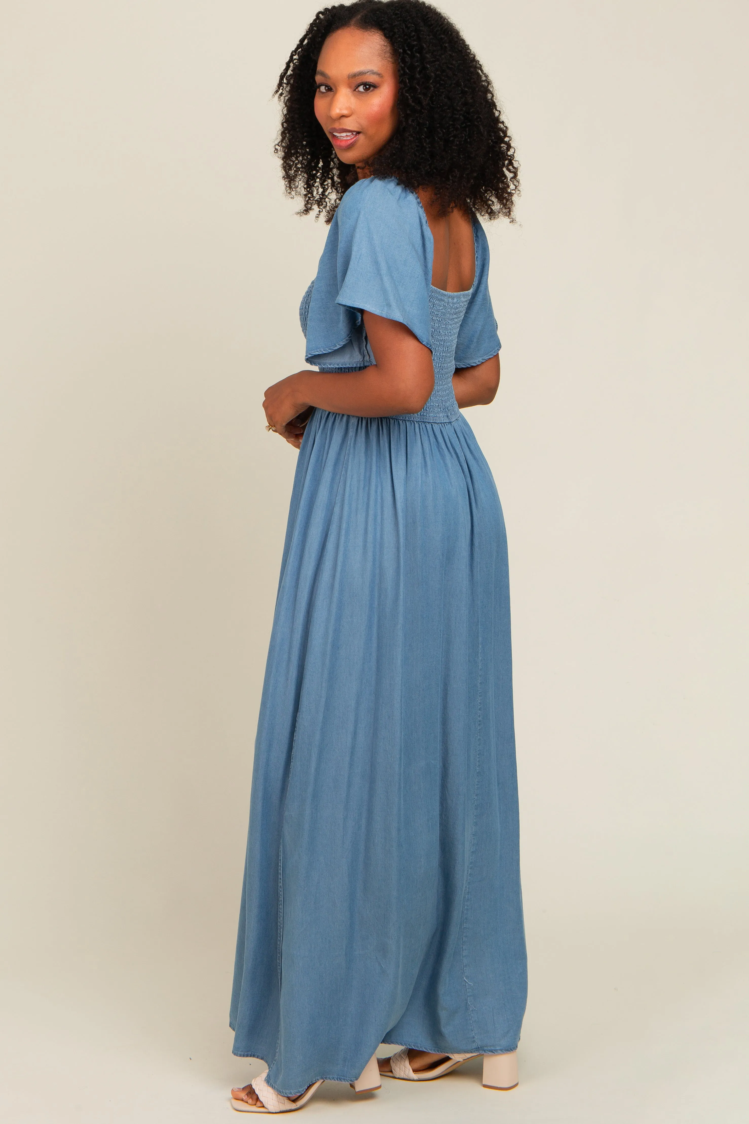 Light Blue Chambray Smocked Maxi Dress sold by Pinkblush product image thumbnail 3
