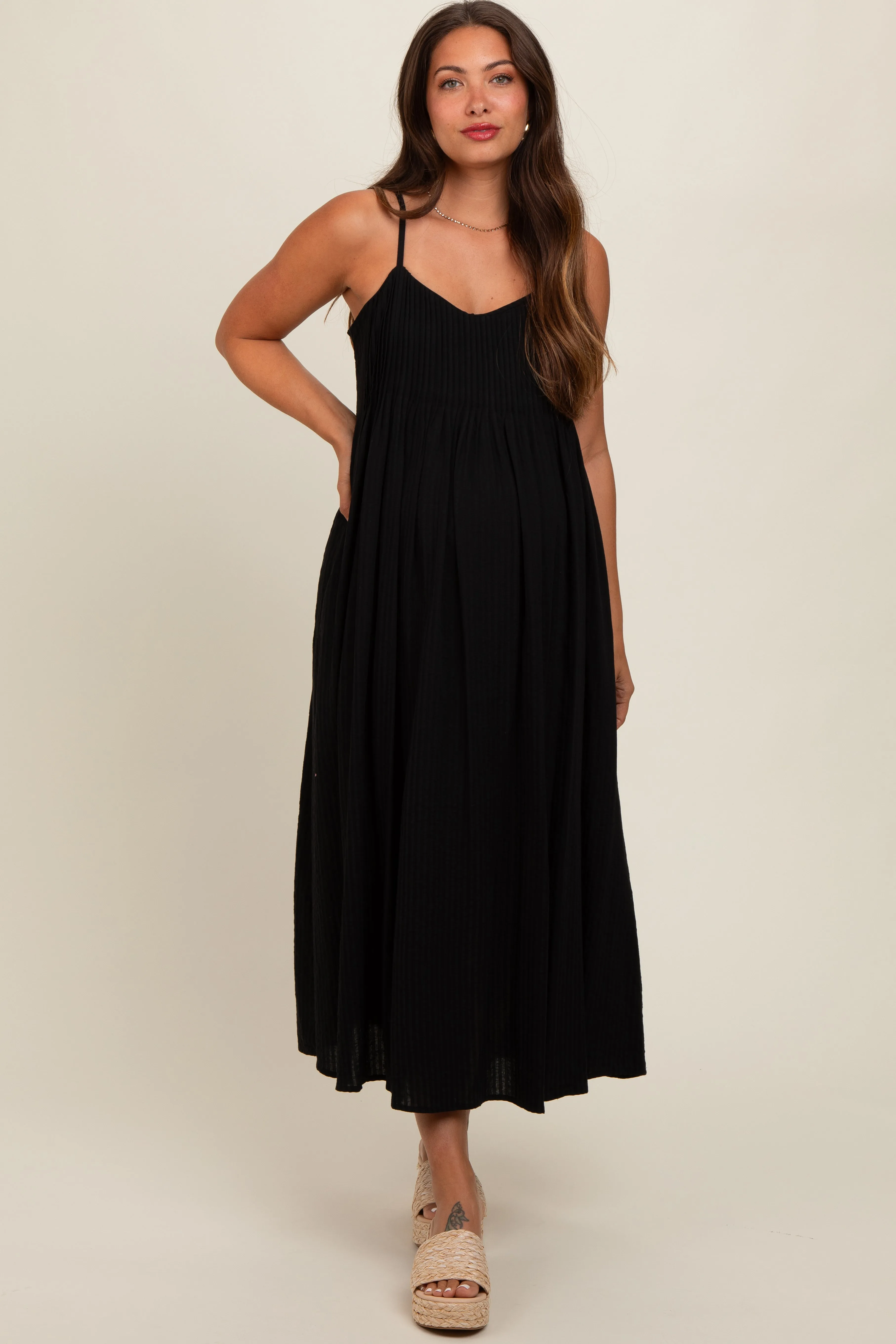 Black Striped V-Neck Sleeveless Side Pocket Maternity Dress sold by Pinkblush