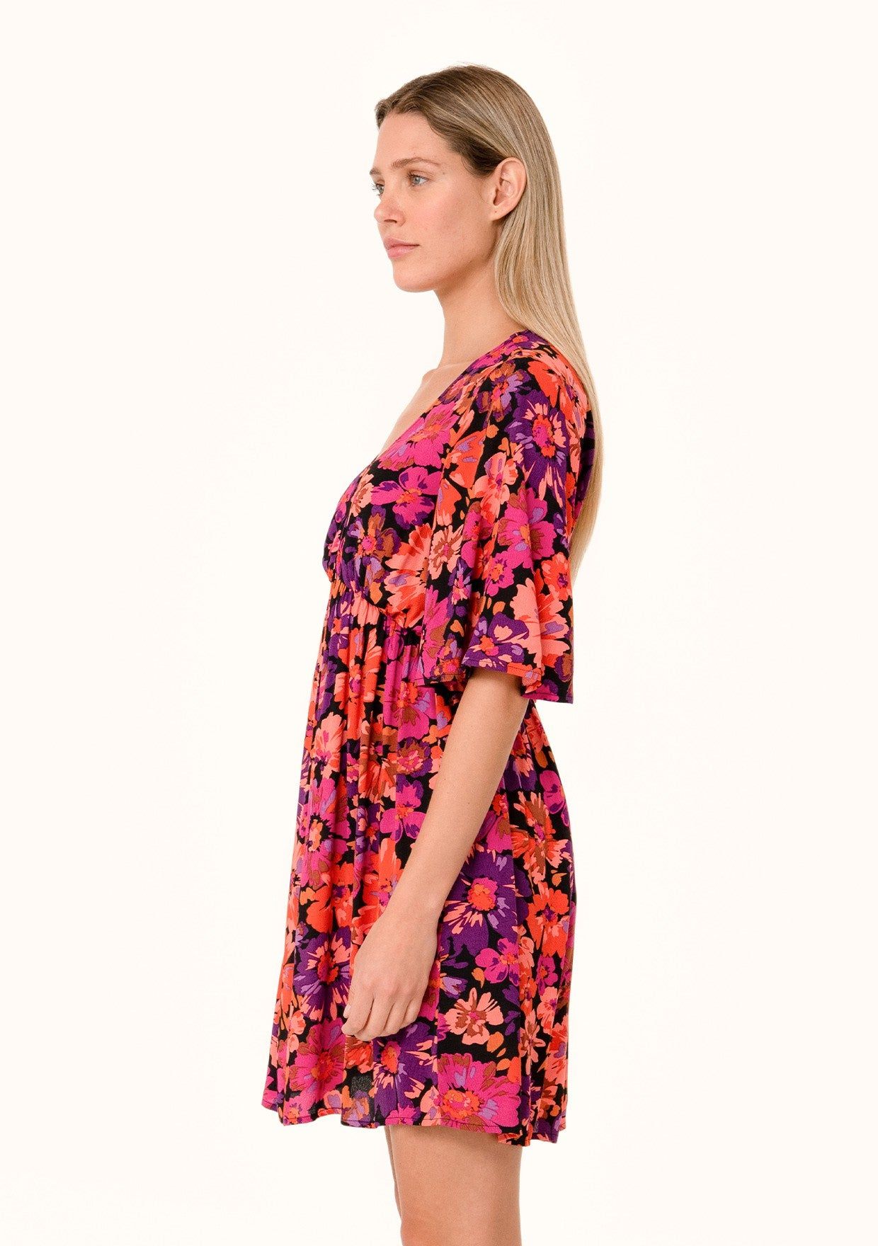 Black Floral Short Flutter Sleeve V-Neck Dress sold by Pinkblush product image thumbnail 2