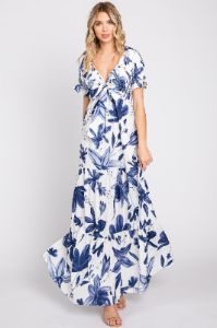 Ivory Floral Smocked Front Tie Short Puff Sleeve Maternity Maxi Dress sold by Pinkblush