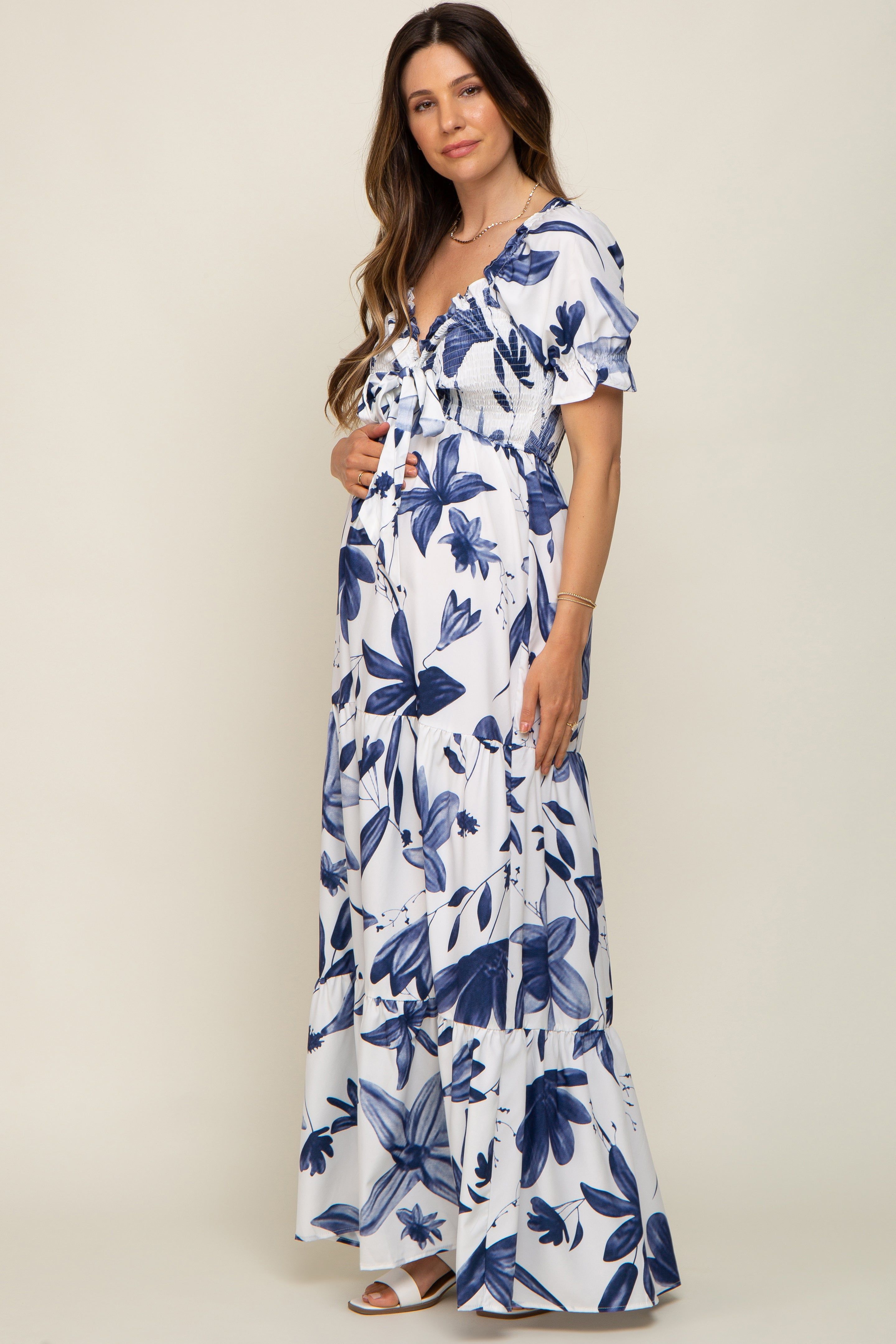 Ivory Floral Smocked Front Tie Short Puff Sleeve Maternity Maxi Dress sold by Pinkblush product image thumbnail 2