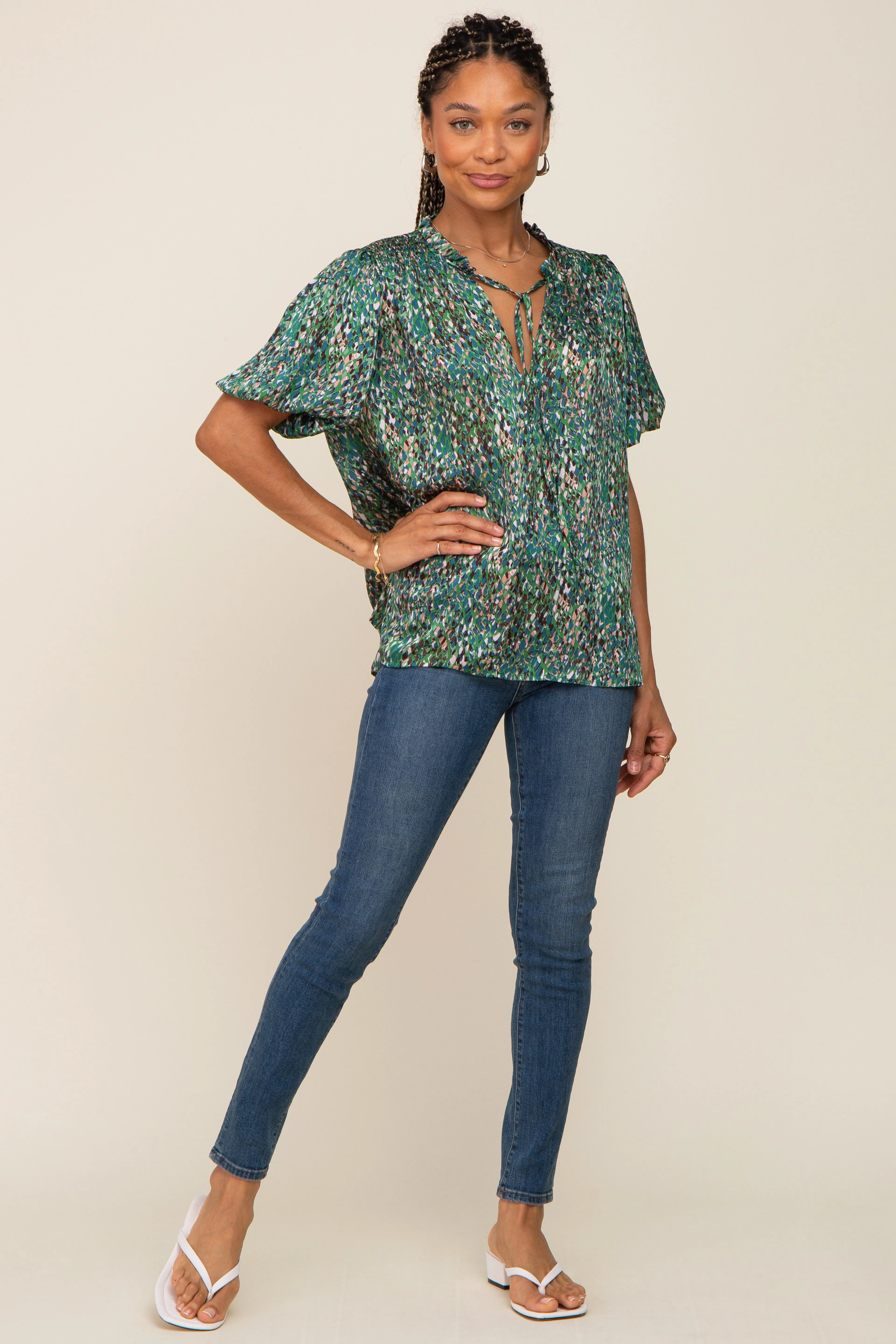 Green Printed Front Tie Puff Sleeve Blouse sold by Pinkblush product image thumbnail 4