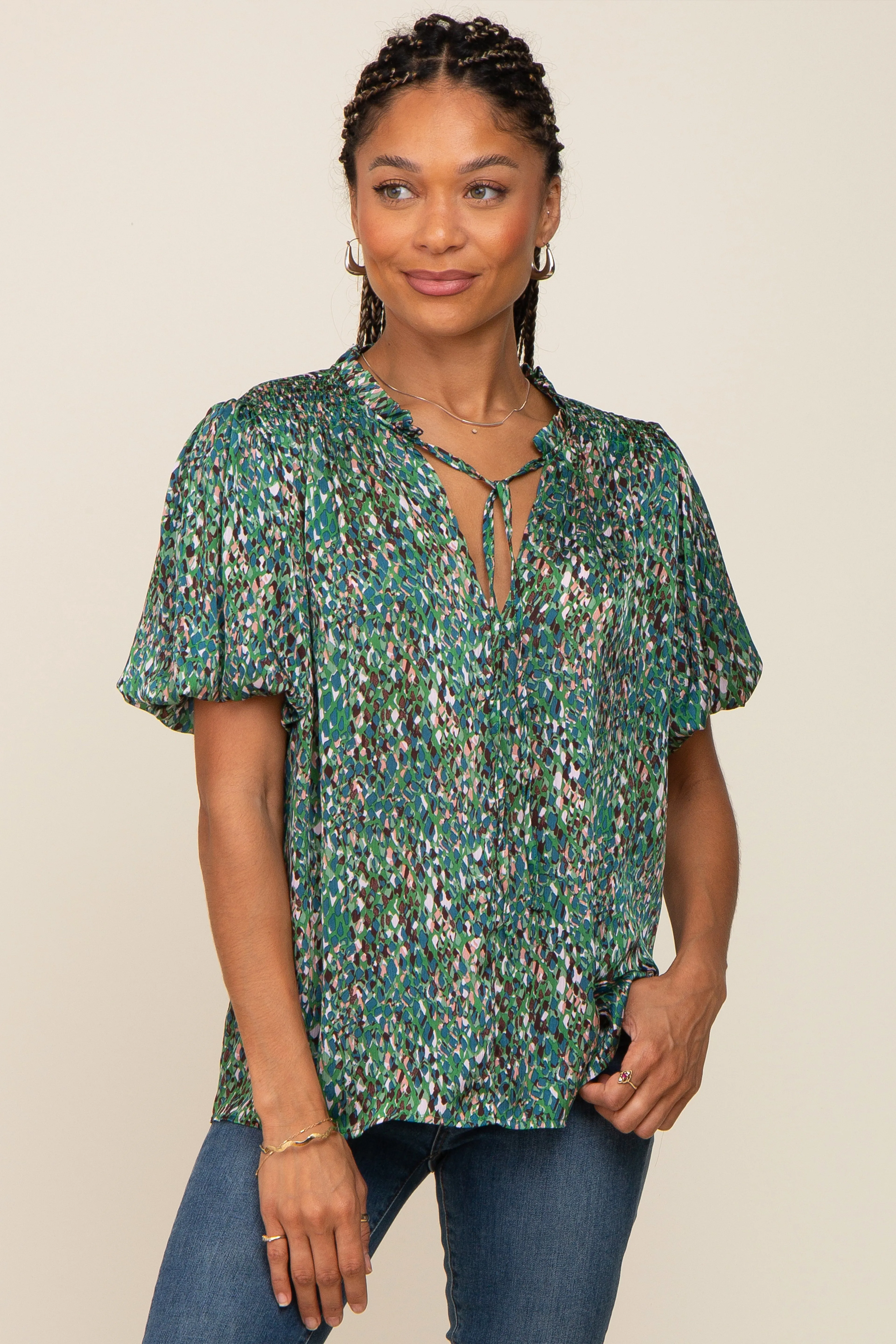 Green Printed Front Tie Puff Sleeve Blouse sold by Pinkblush